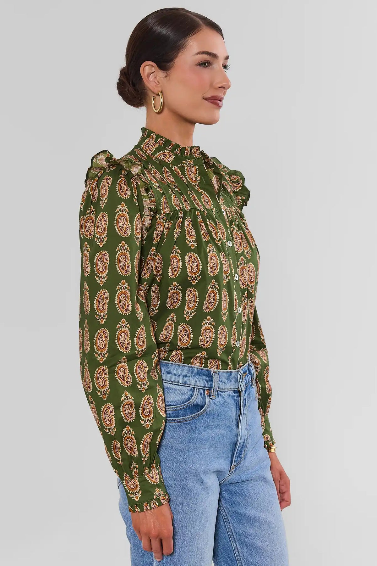 Green Paisley Pleated Top - Side Profile with Ruffle Shoulder | Avara