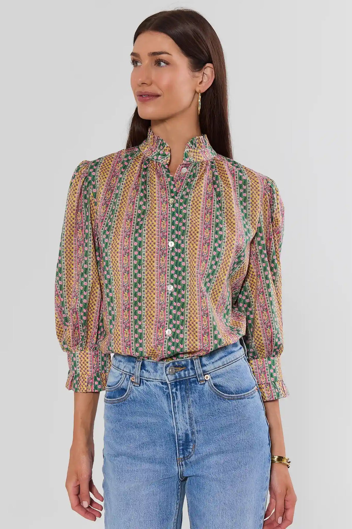 Multi Floral Printed Ruffle Collar Top - Front View On Model with Denim | Avara