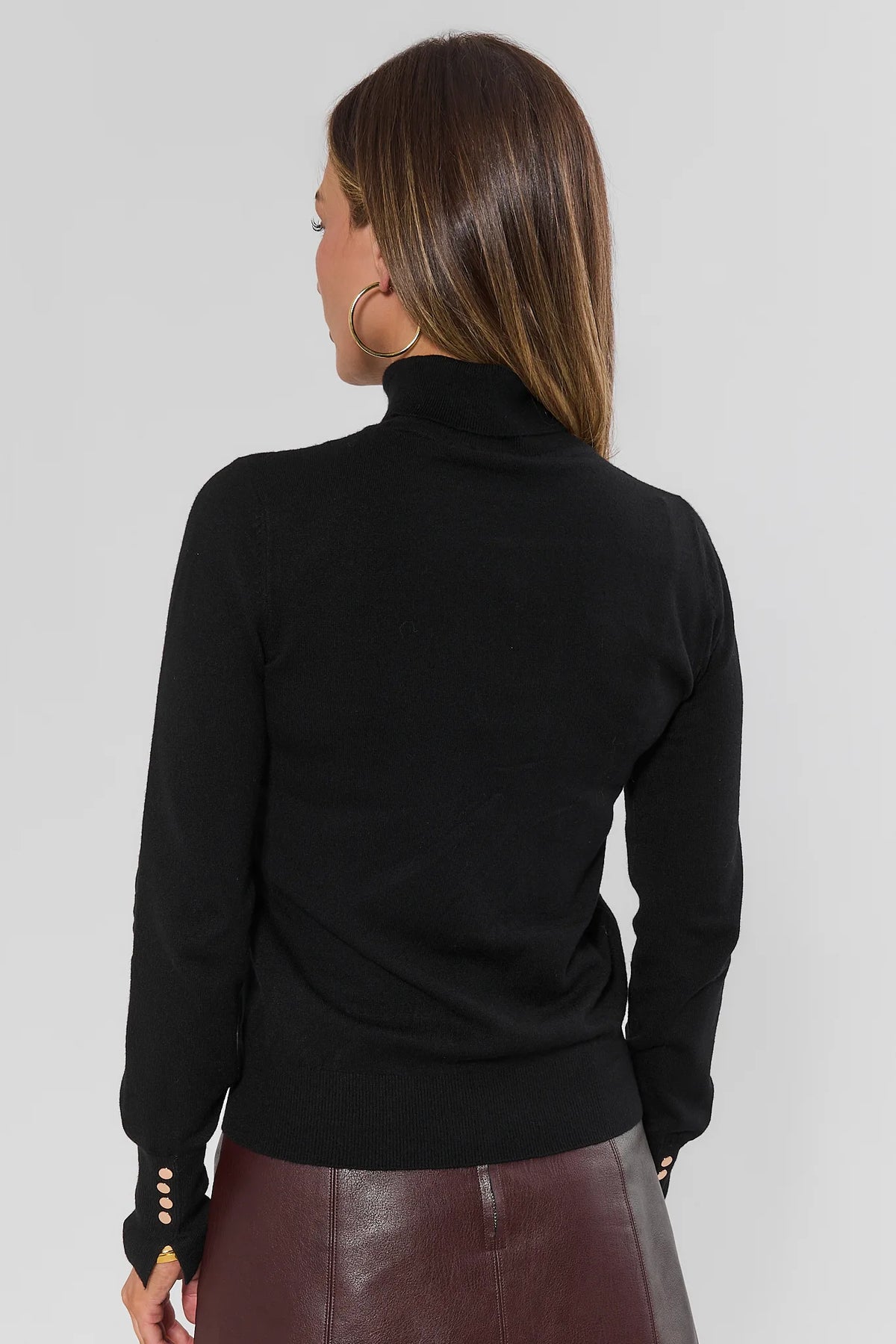 Black Knit Turtleneck Top - Back View with Gold Button Cuffs, Women's Fall Layering Top | Avara