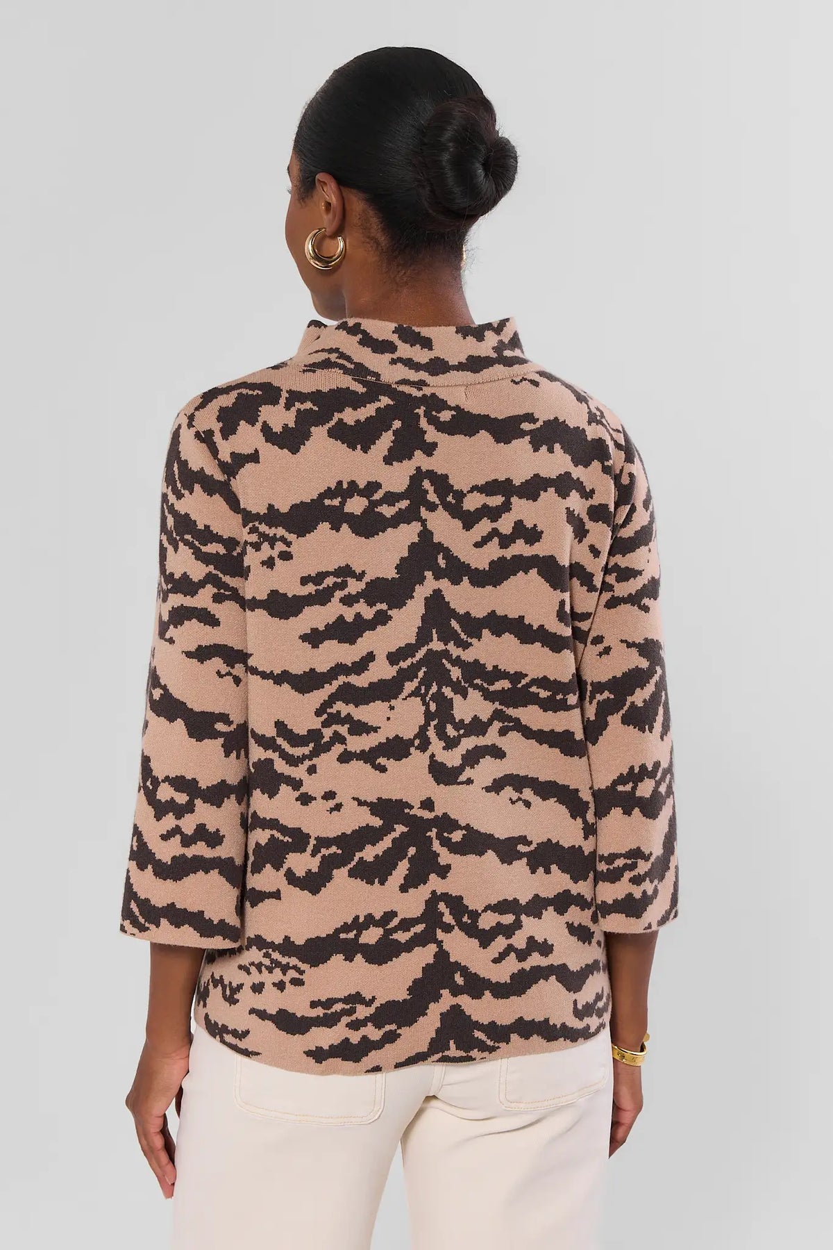Tan Tiger Print Knit Sweater - Back View, Mock Neck & 3/4 Bell Sleeves, Styled with White Pants | Avara