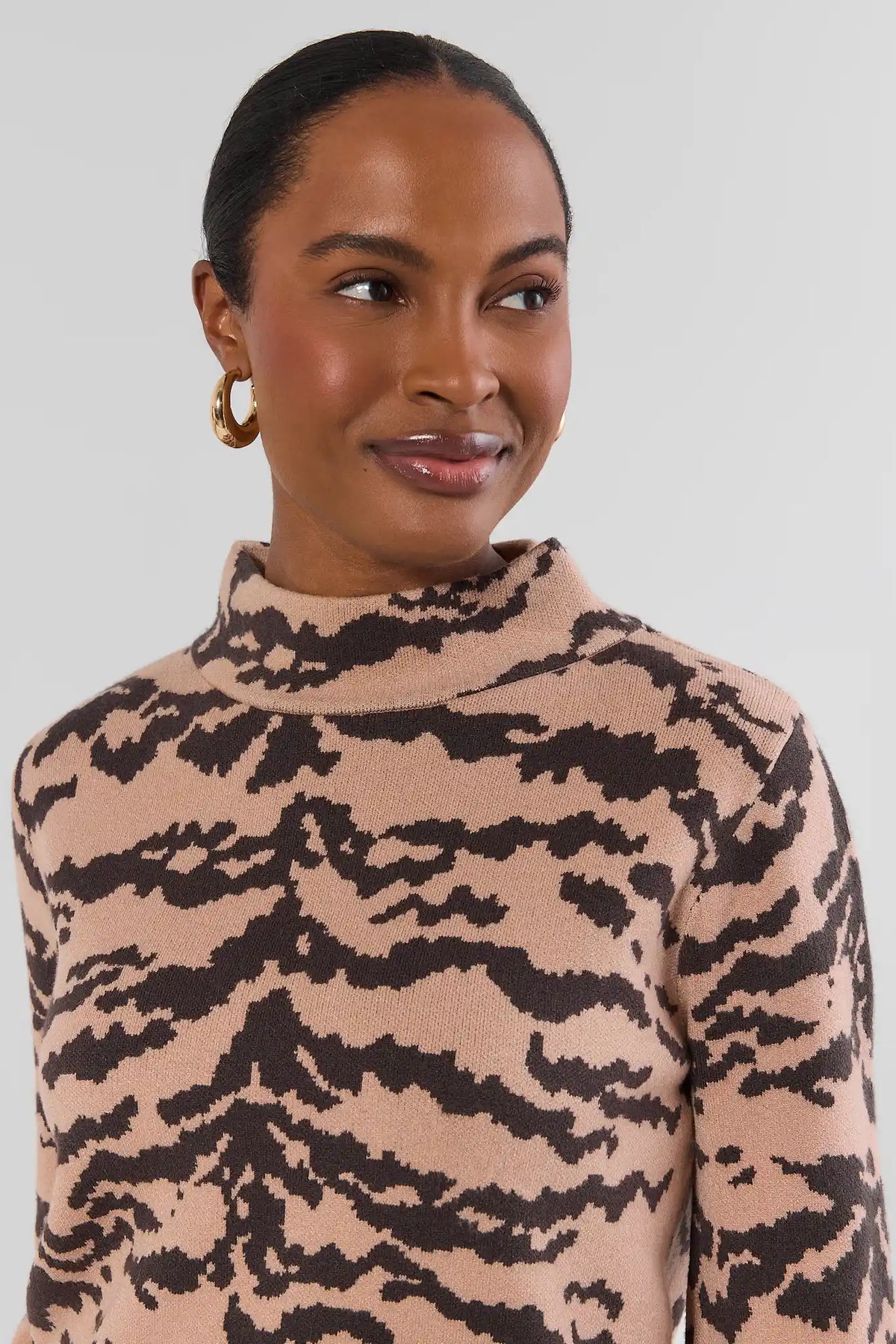Tan Tiger Print Knit Sweater - Mock Neckline & Animal Print Close-Up Detail, On Model | Avara