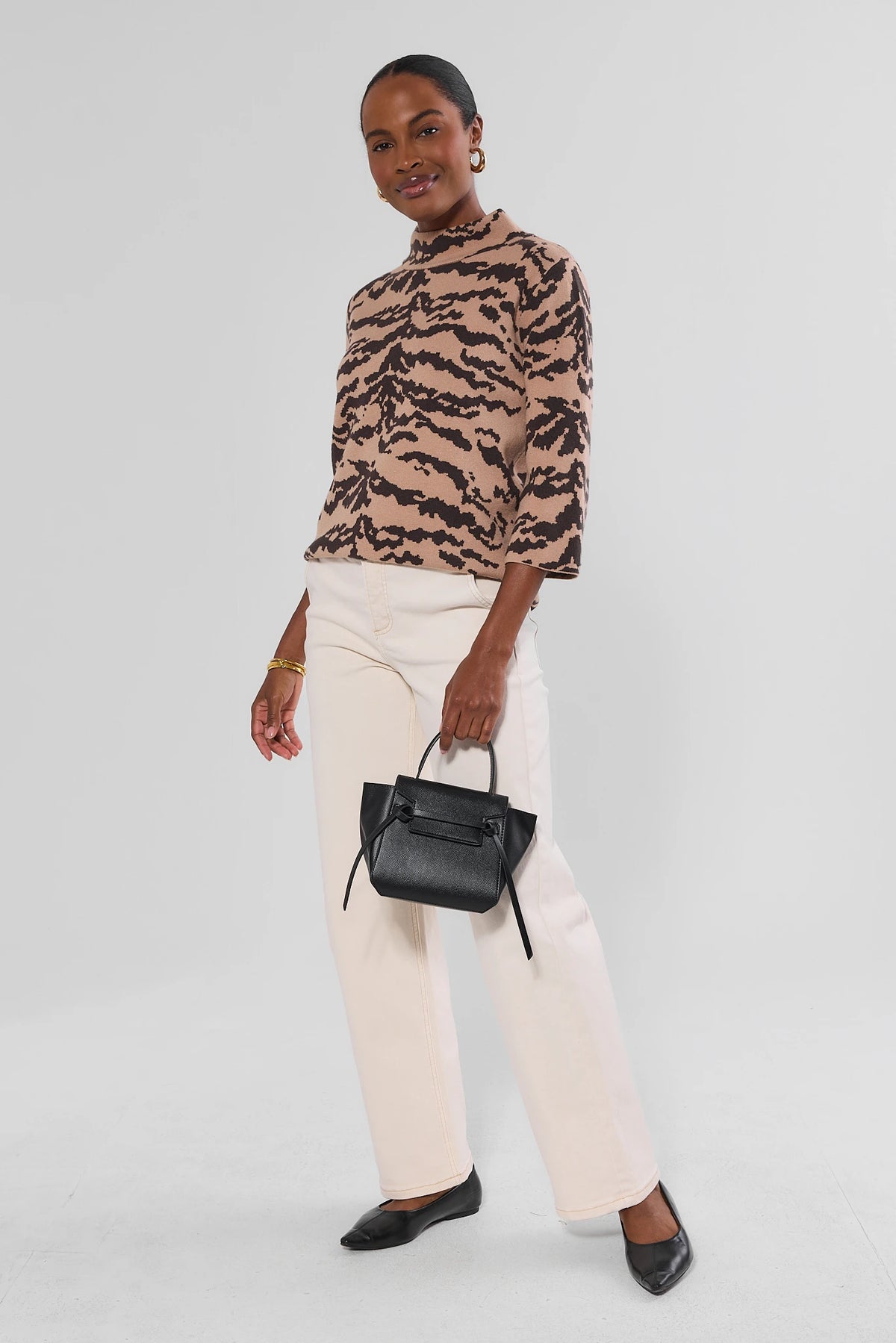 Tan Animal Print Sweater - Full Length Styled Look with Cream Pants & Black Handbag | Avara