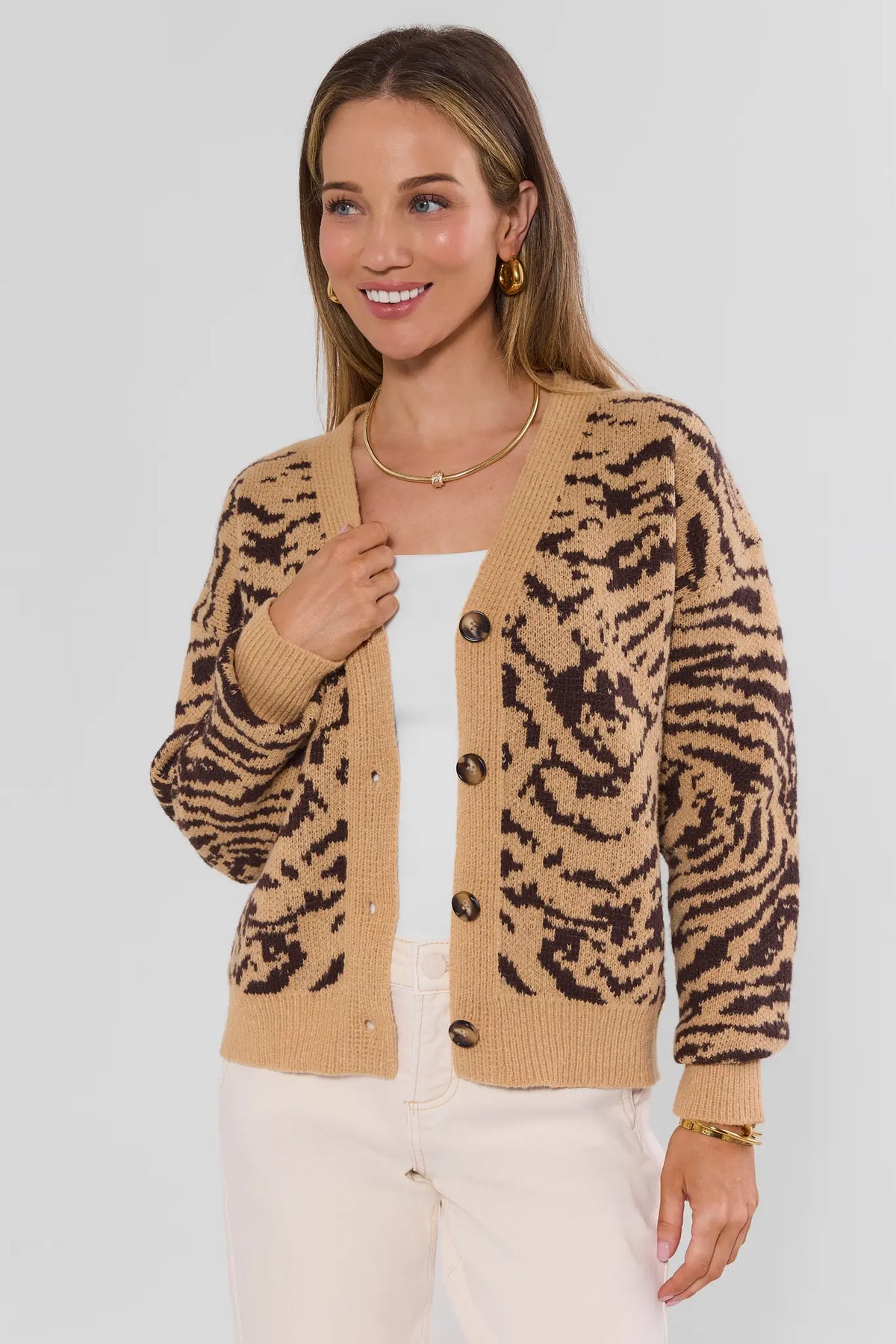 Tan Tiger Print Knit Button Up Cardigan - Front View On Model | Avara