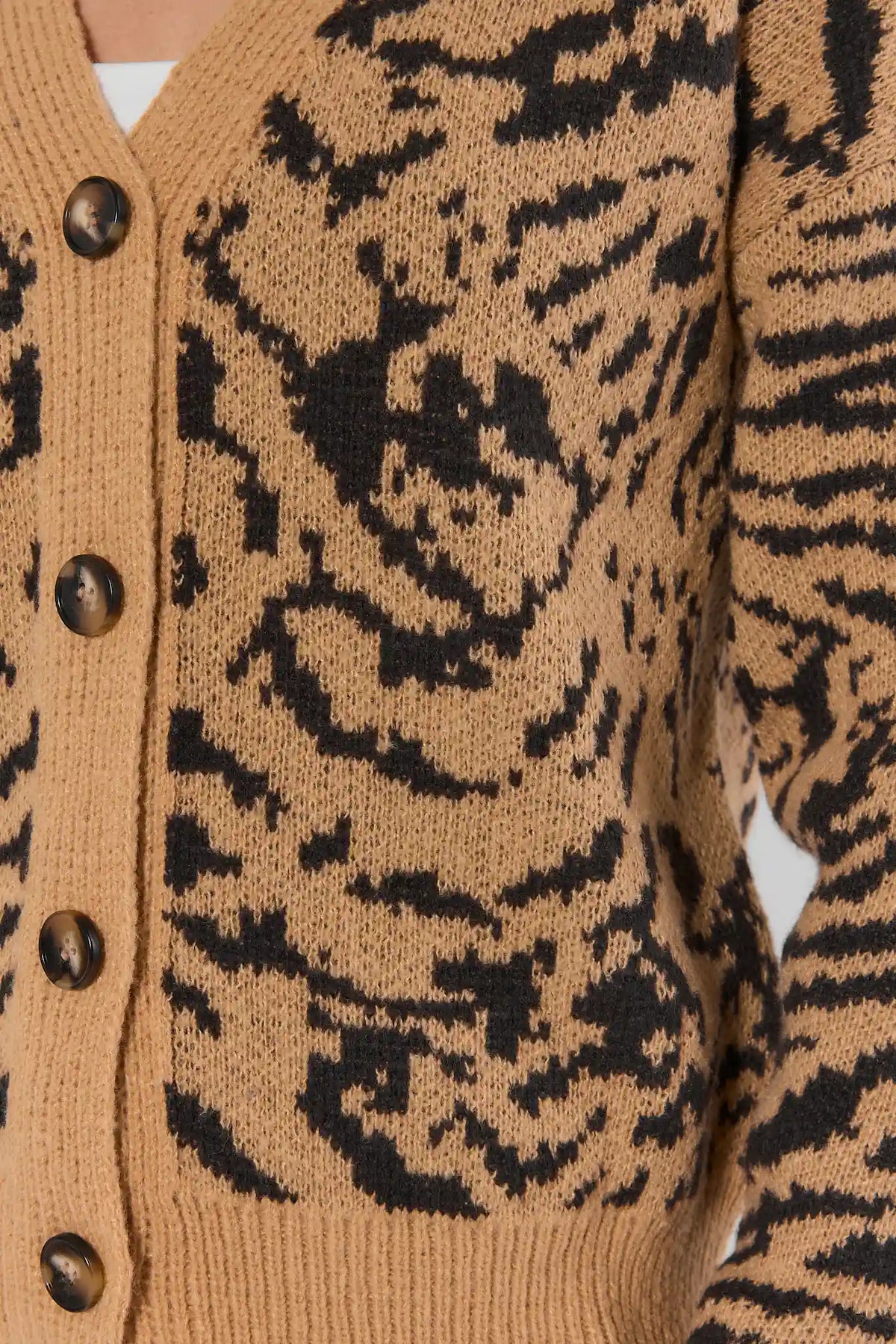 Tan Tiger Print Knit Cardigan - Button & Fabric Close-Up Detail | Avara