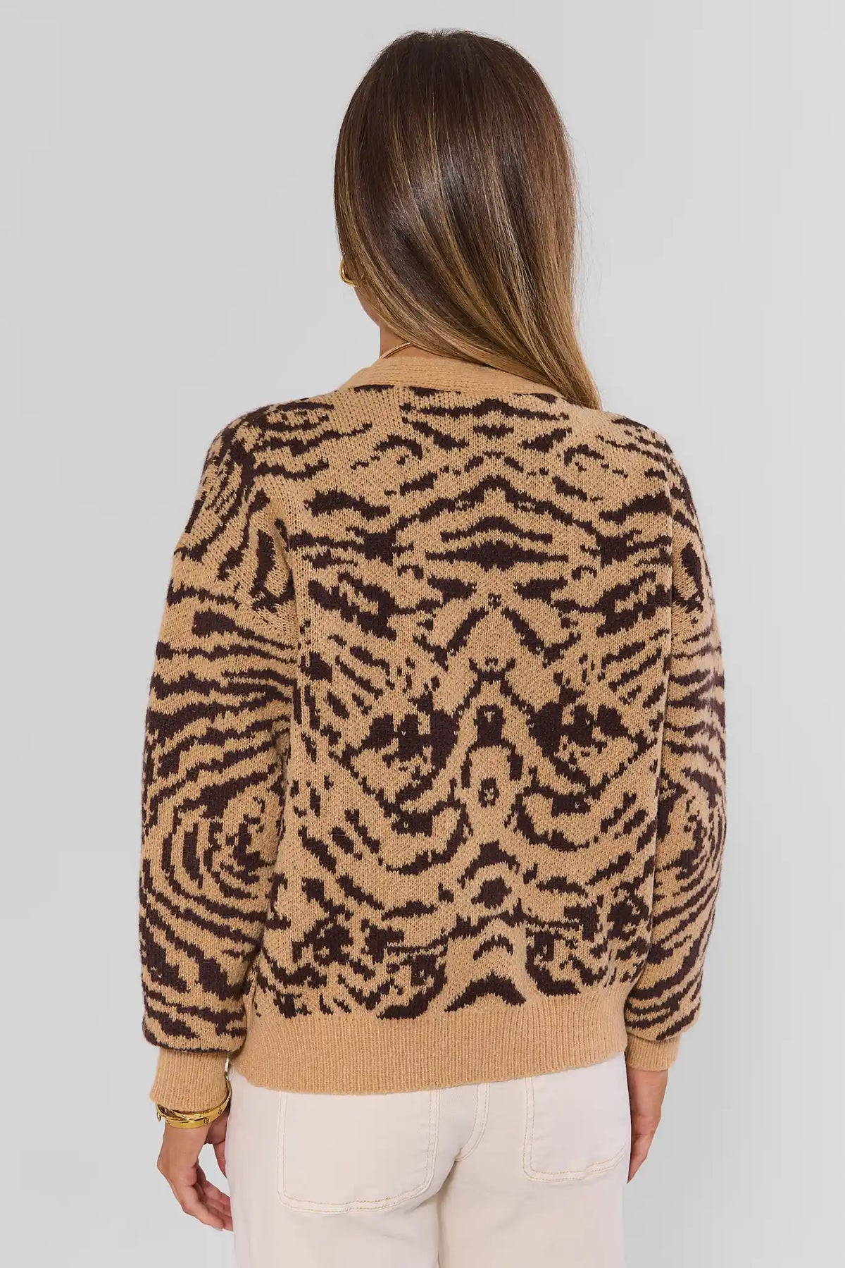 Tan Tiger Print Knit Button Up Cardigan - Back View On Model | Avara