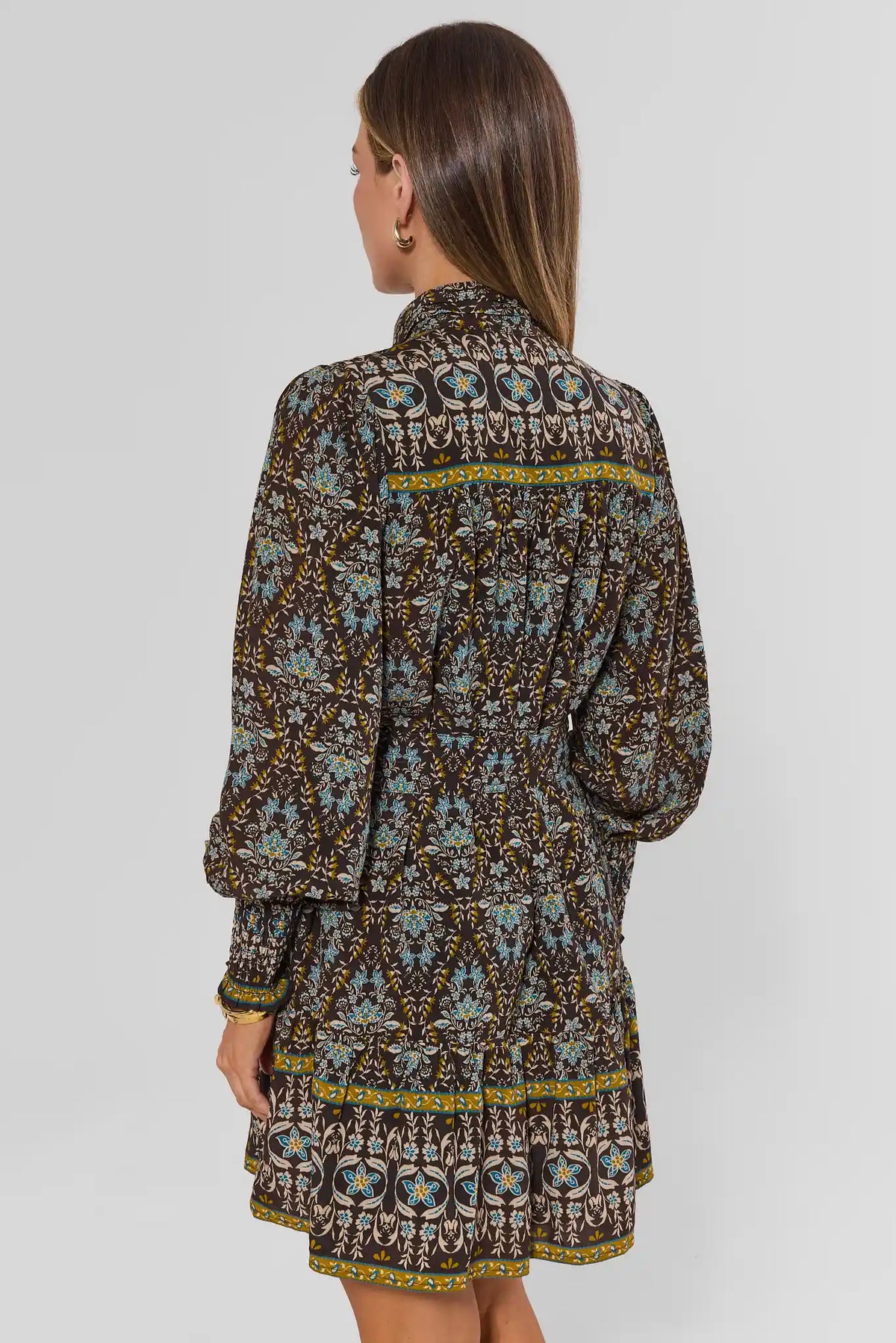 Brown Printed Short Dress - Back View, Tiered Hem & Long Sleeves | Avara