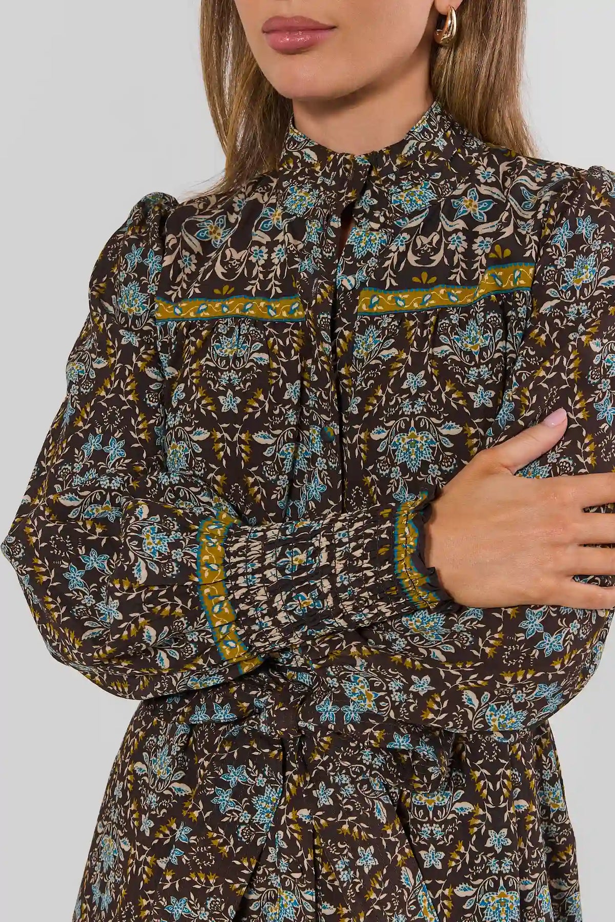 Brown Printed Short Dress - Neckline & Long Sleeve Detail, On Model | Avara