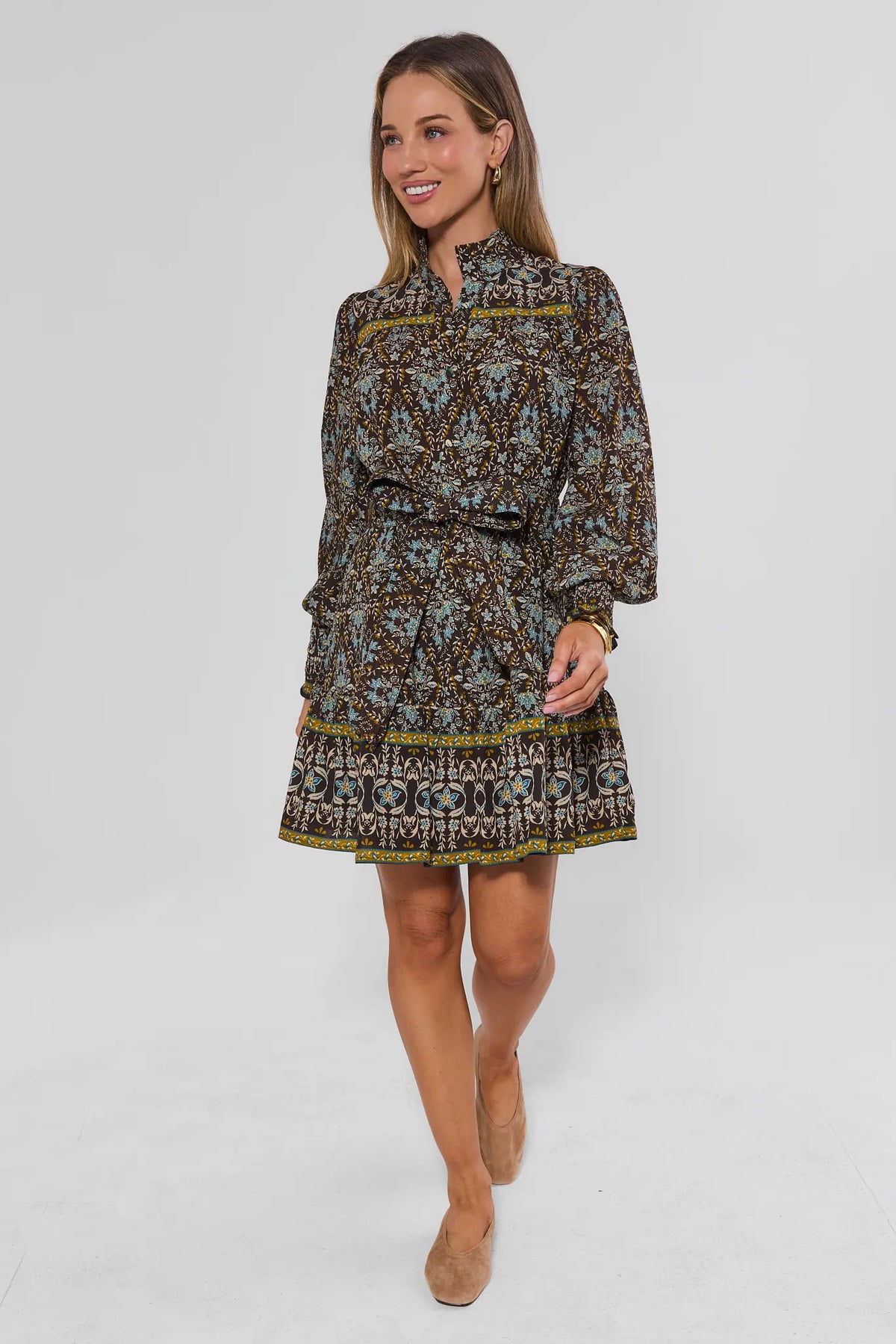 Brown Floral Printed Short Dress - Full Length Front, On Model | Avara