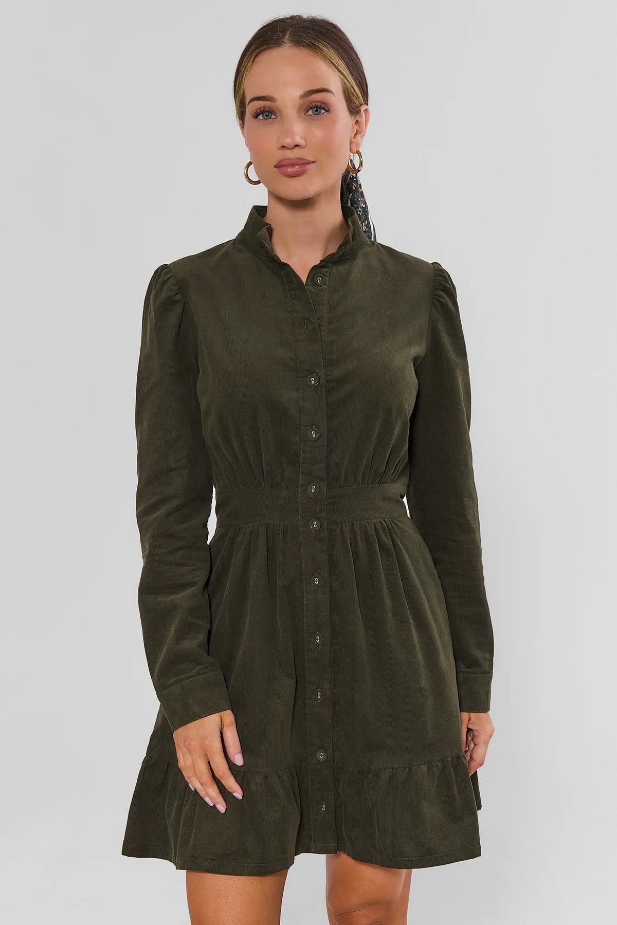 Green Corduroy Short Dress - Full-Length Front View On Model with Mary Jane Flats | Avara