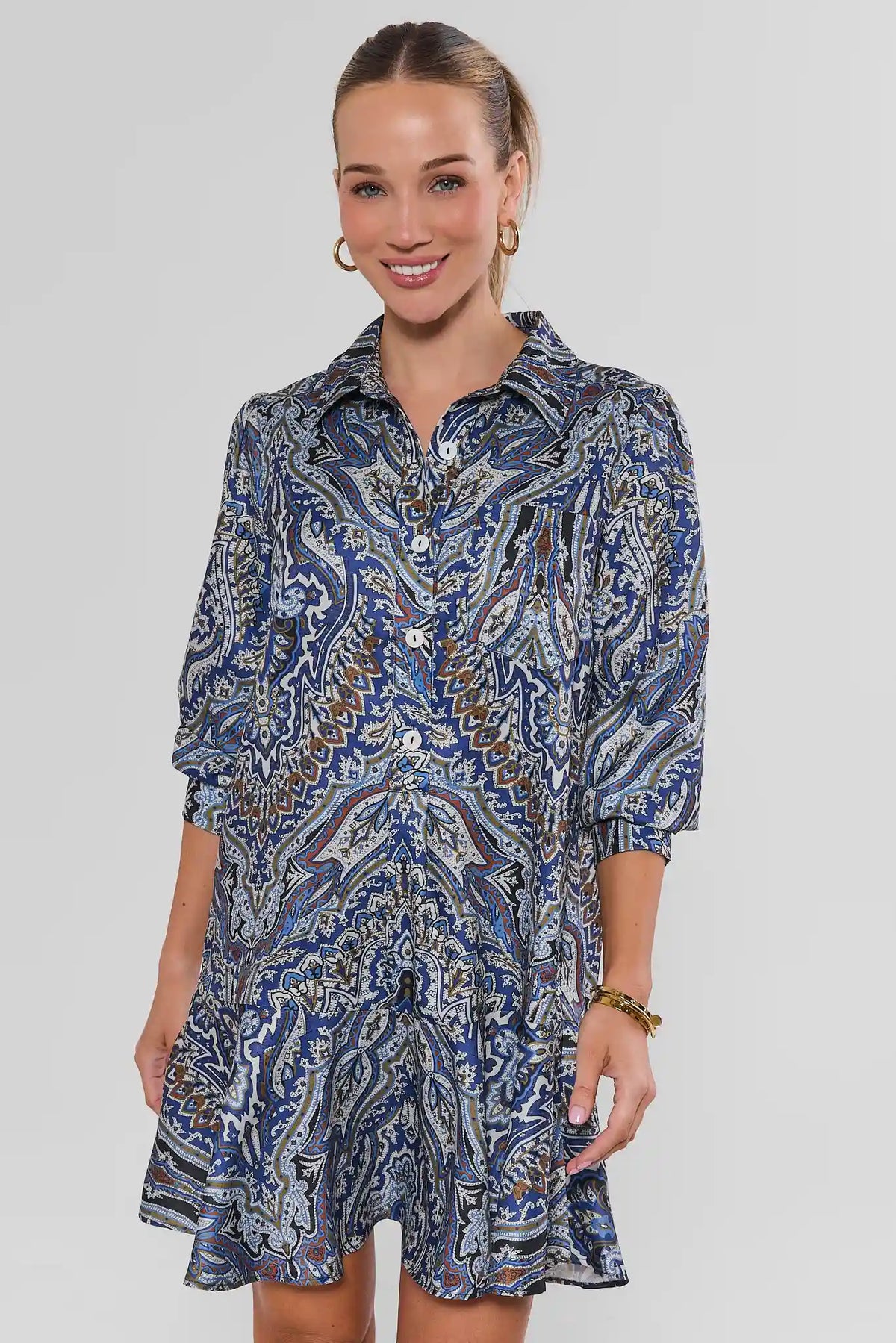 Blue Paisley Drop Waist Short Dress - Front View On Model, Button-Front & Collar Detail | Avara
