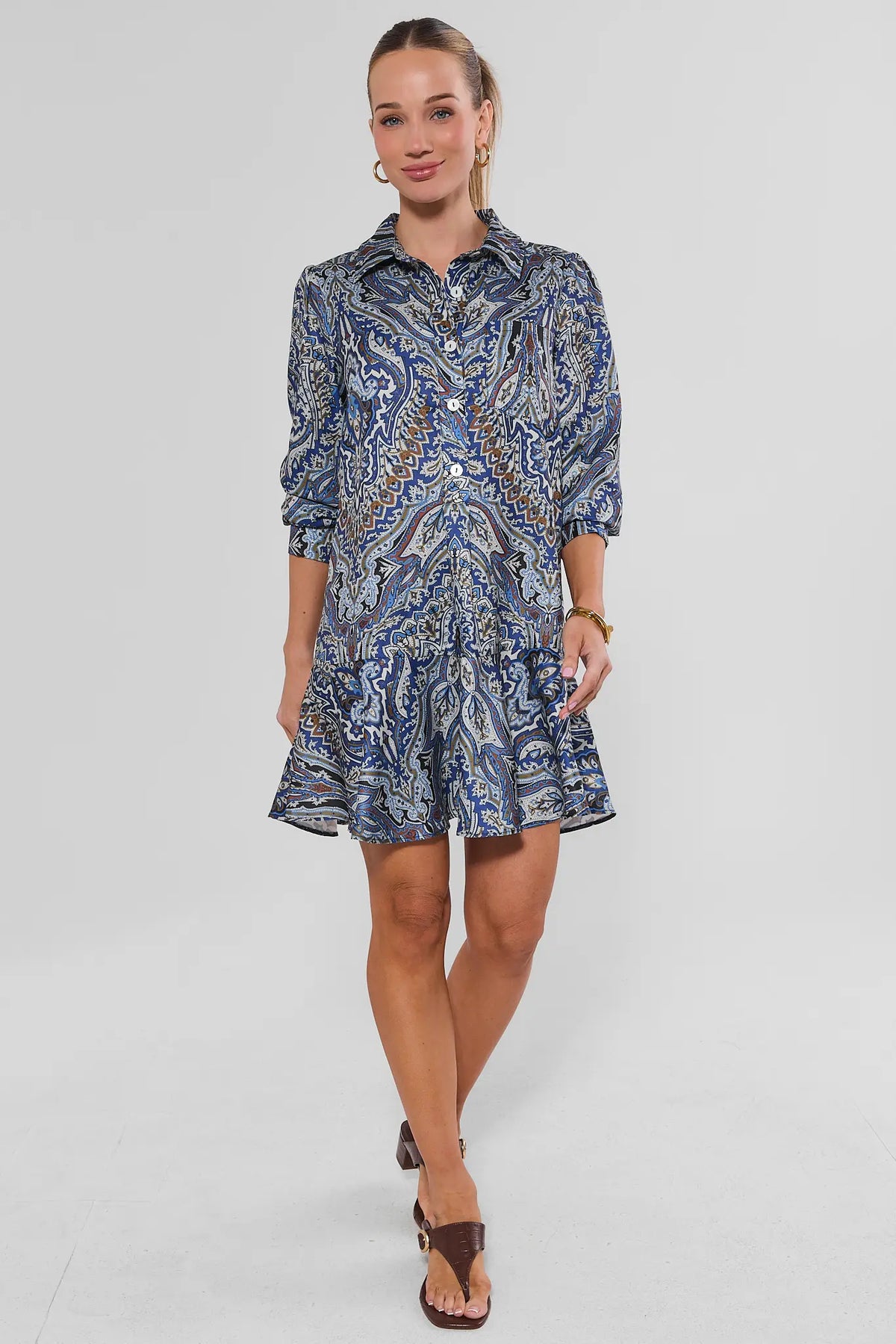 Blue Paisley Print Drop Waist Dress - Full Length Front View On Model with Sandals | Avara
