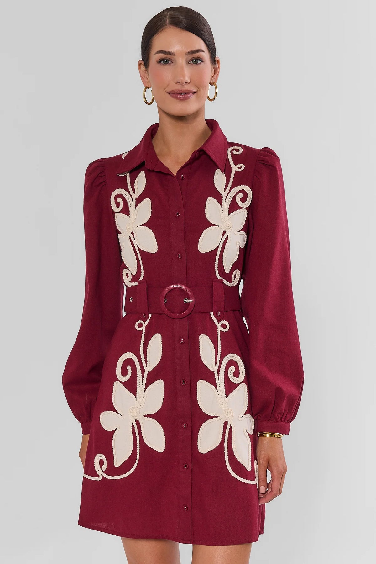 Burgundy Linen Embroidered Dress - Front View On Model | Avara
