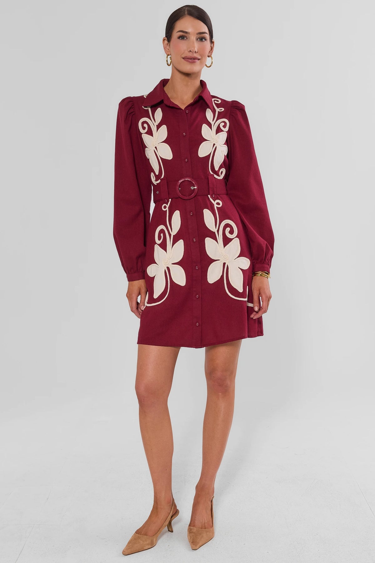 Burgundy Embroidered Mini Dress - Full Length Front View On Model | Avara