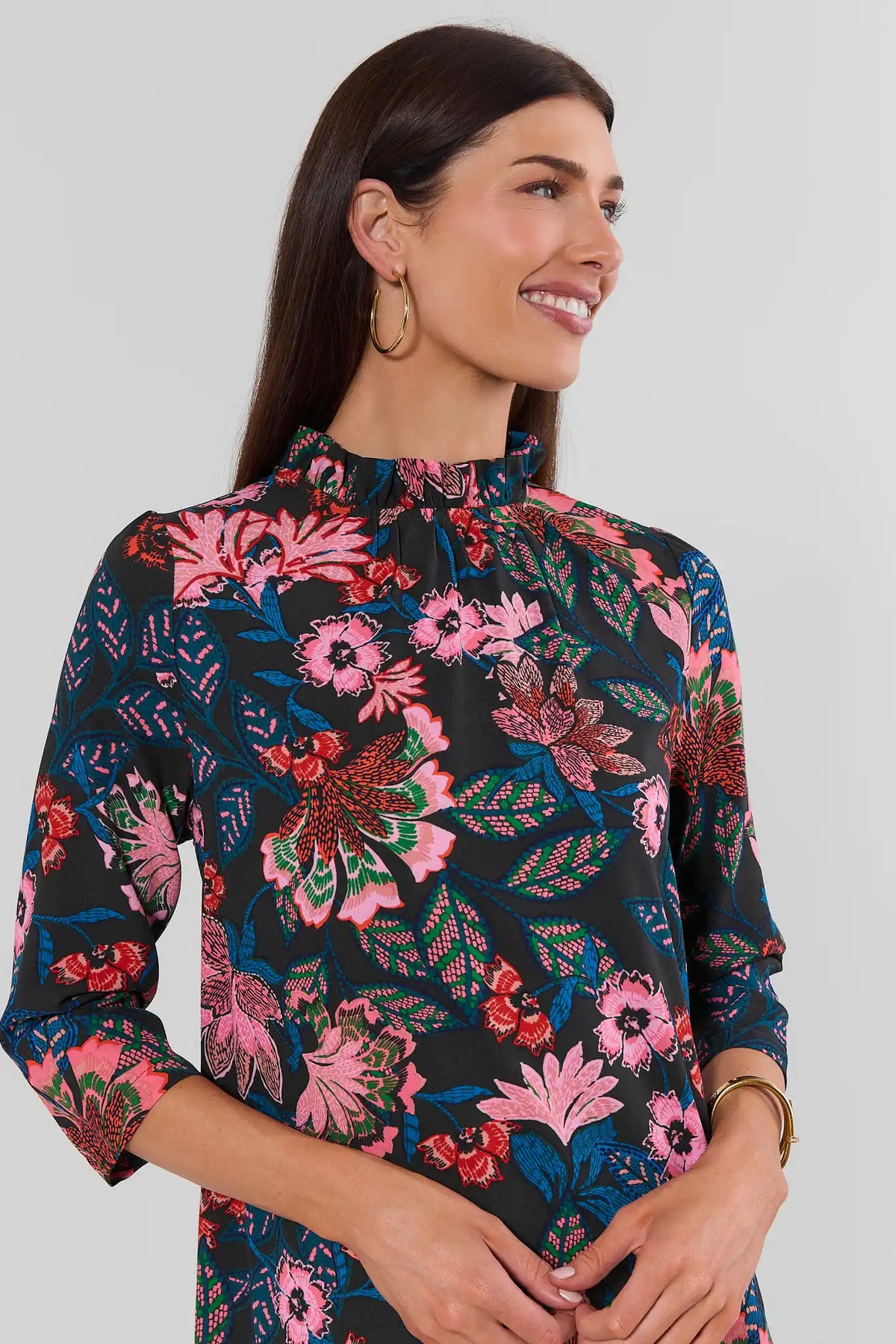 Navy Floral Modest Maxi Dress - Ruffle Mock Neck & 3/4 Sleeve Close-Up Detail | Avara