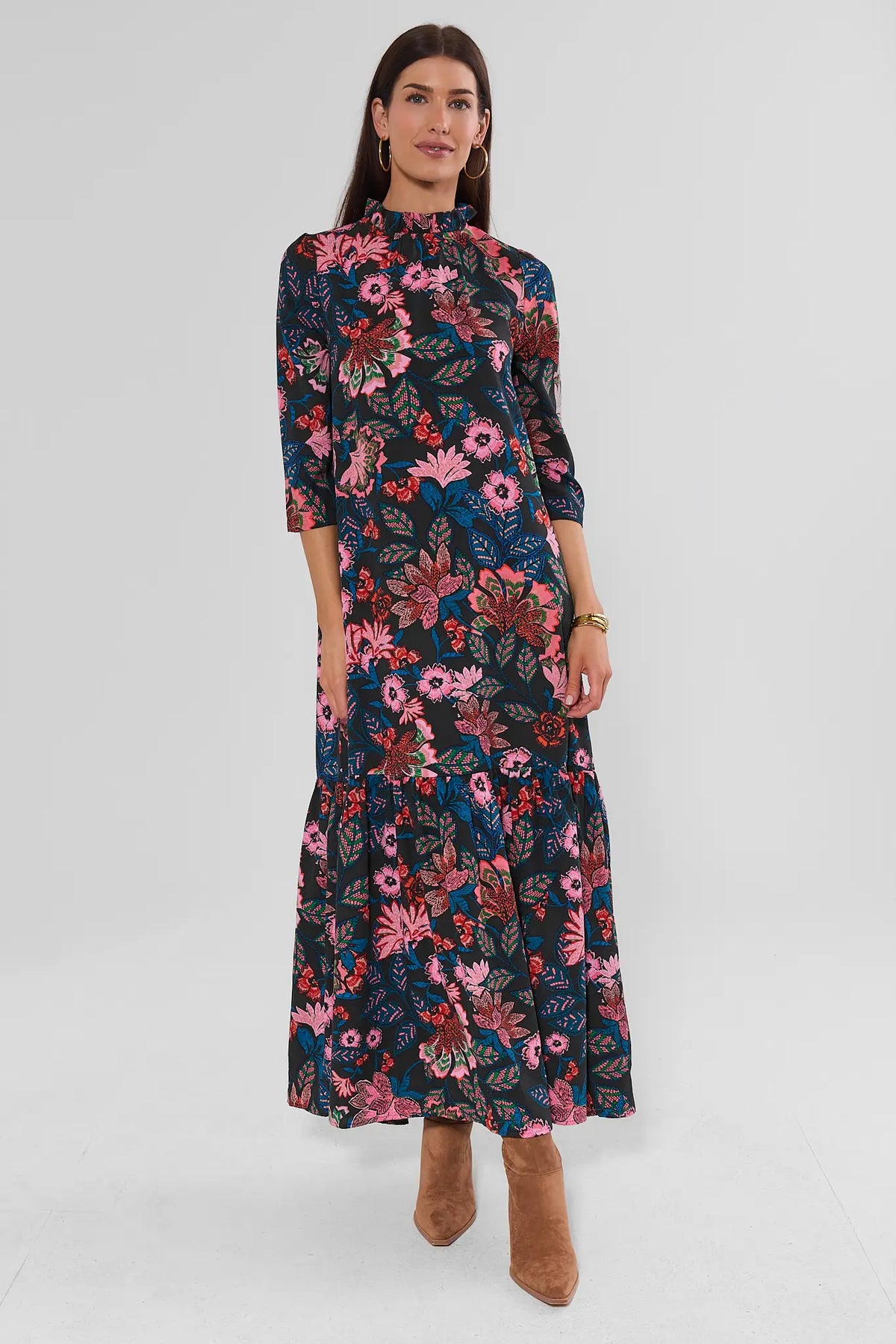 Navy Floral Modest Maxi Dress - Full Back View, Tie Neckline & Tiered Hem Detail | Avara