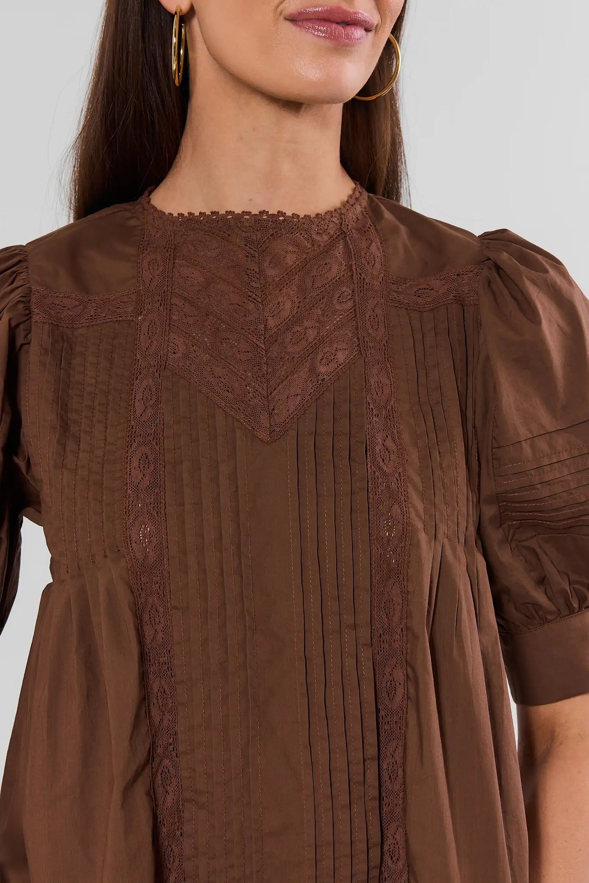 Brown Lace Detail Pleated Top - Close-Up Lace & Pintuck Front Detail | Avara