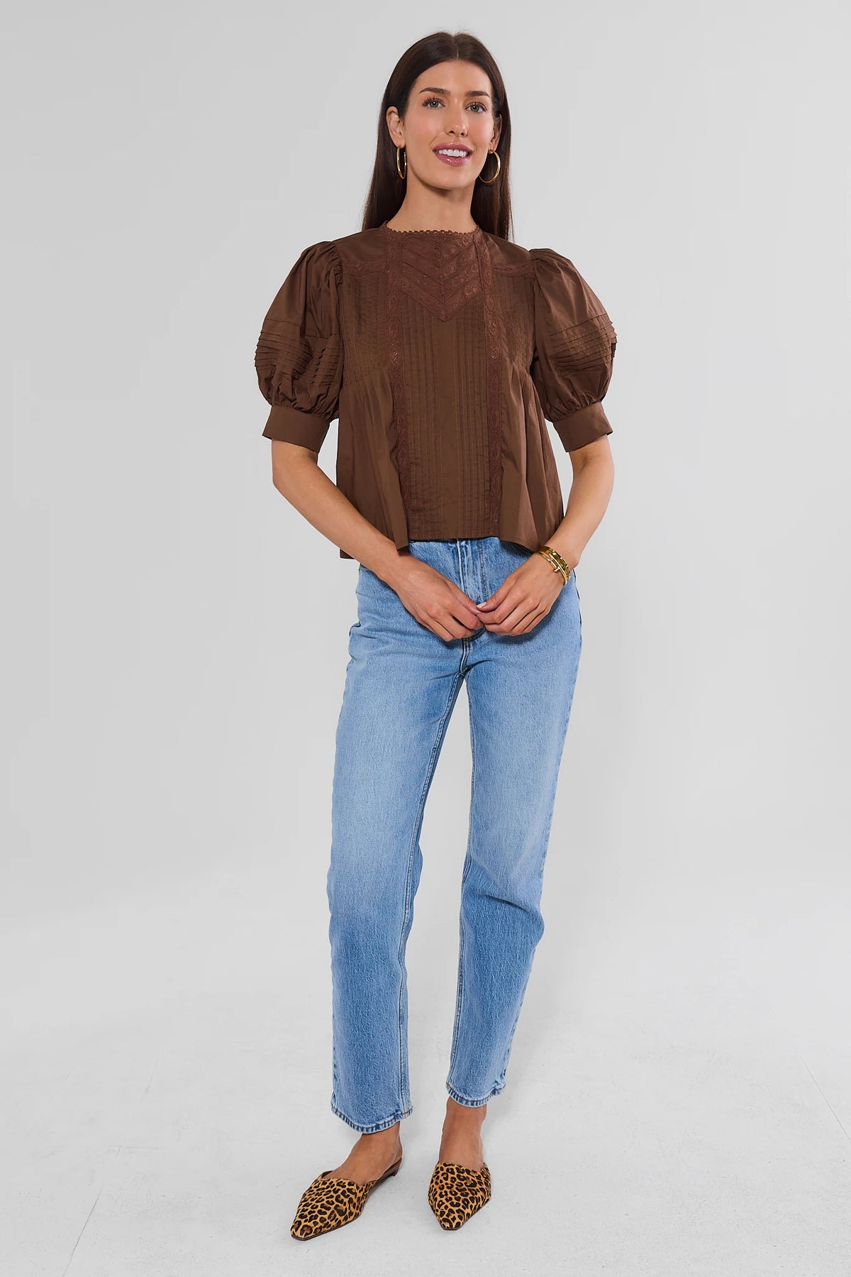 Brown Lace Detail Pleated Top - Full Length Front View with Denim & Leopard Mules | Avara