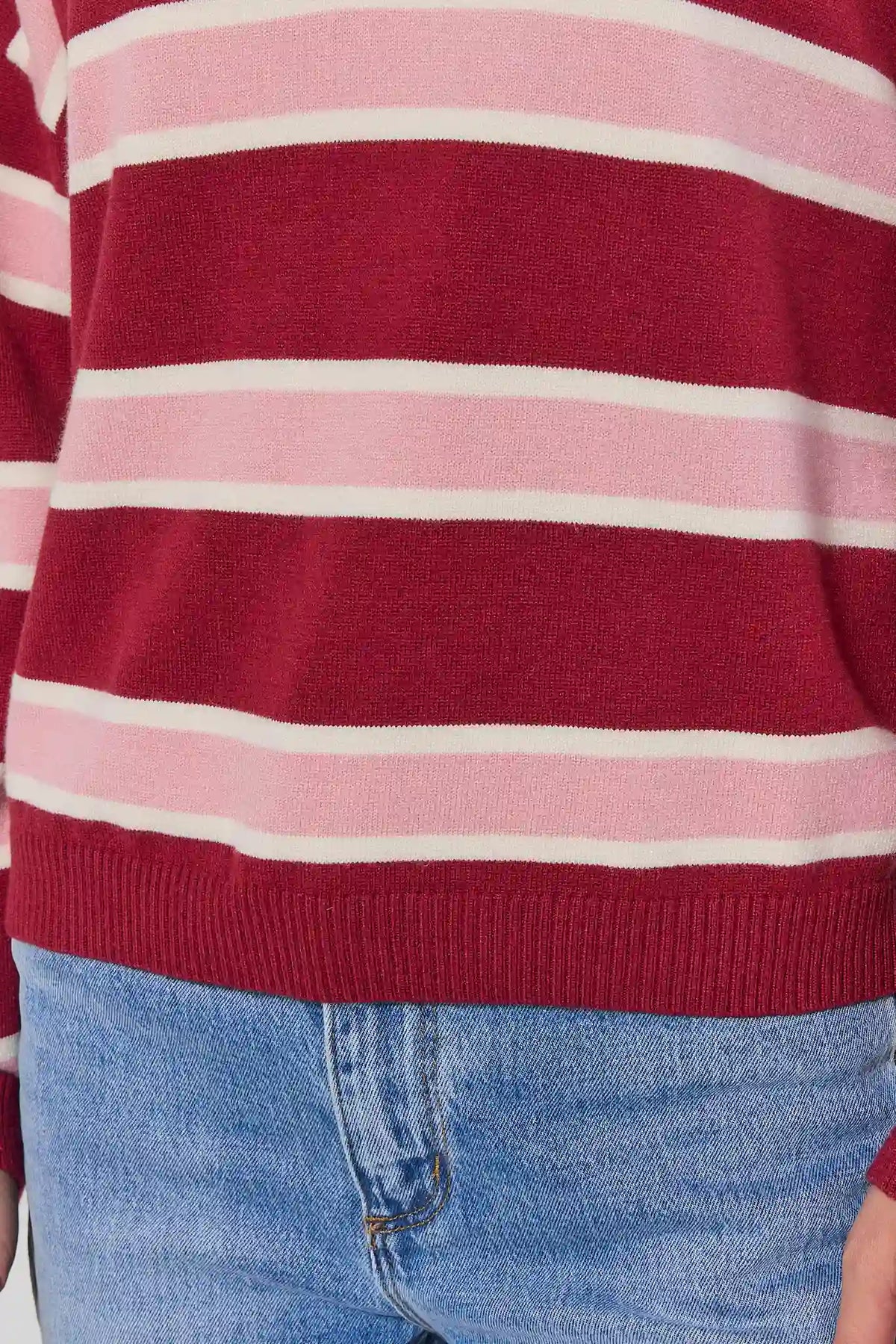 Maroon Striped Collared Knit Top ribbed hem with pink and cream stripes styled with denim - Fabric Close-Up | Avara