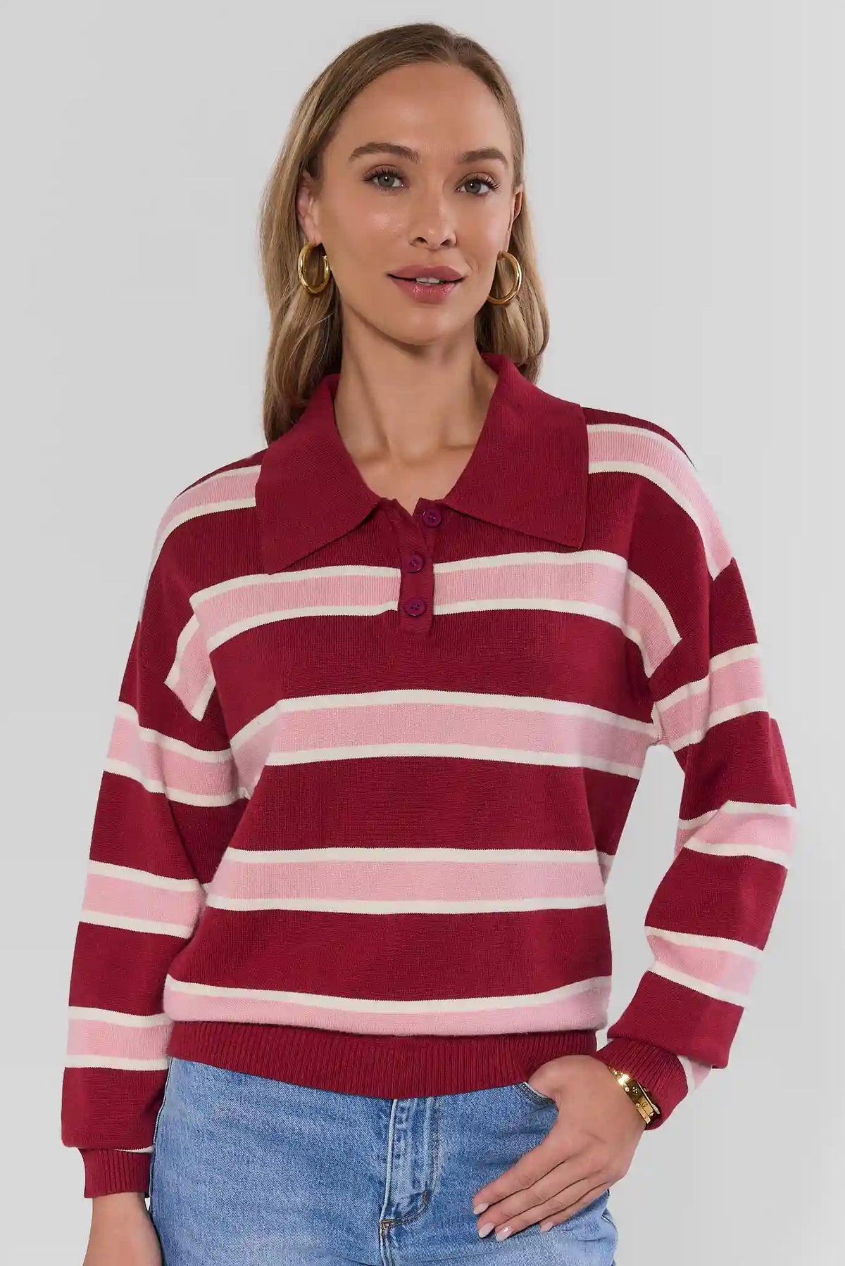Maroon Striped Collared Knit Top with pink and cream stripes - Front View On Model | Avara