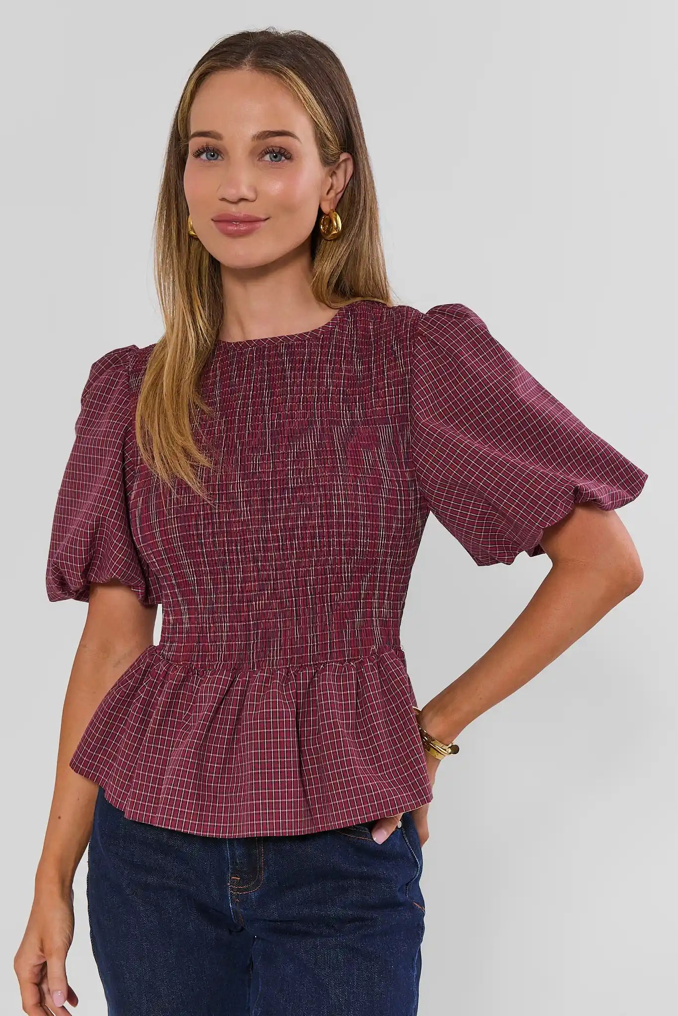 Burgundy Smocked Peplum Top - Front View On Model, Puff Sleeve Women's Top | Avara