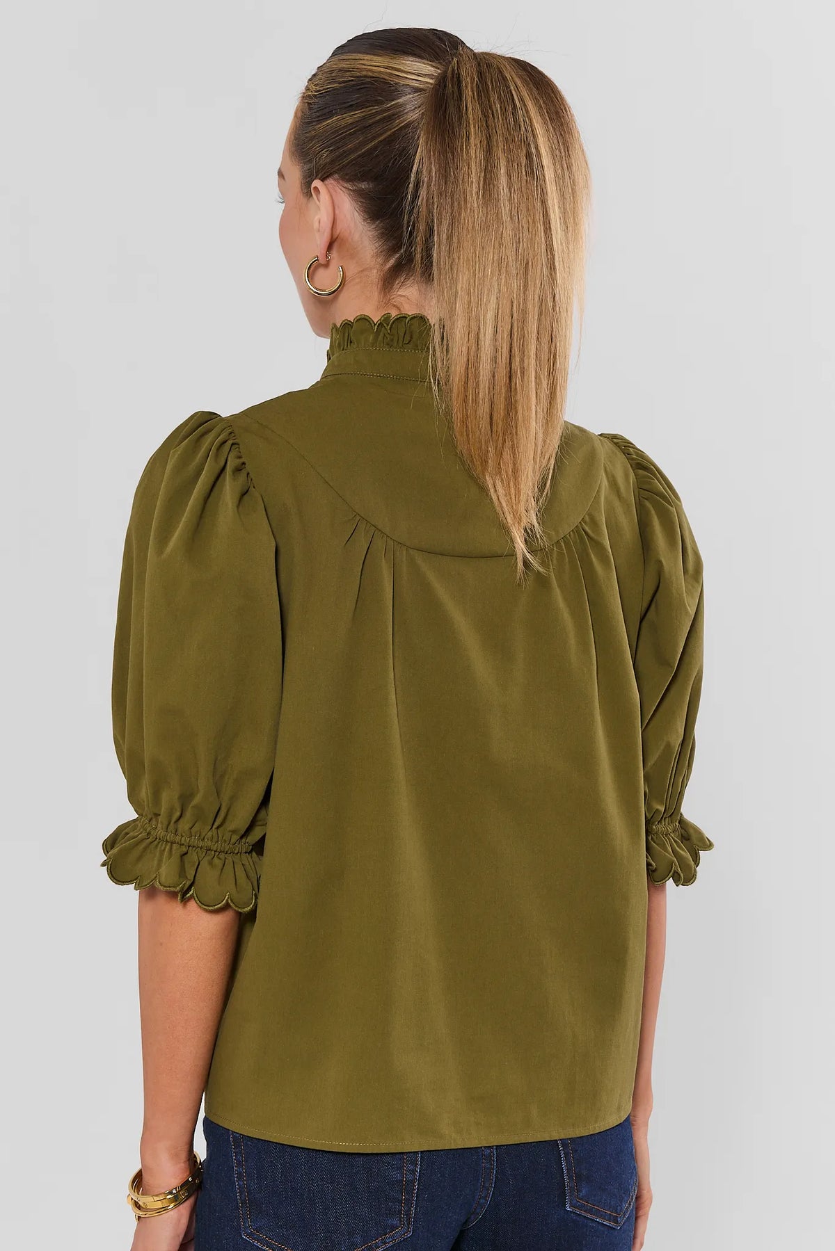 Olive Green Ruffle Trim Puff Sleeve Top - Back View Scallop Collar Detail | Avara