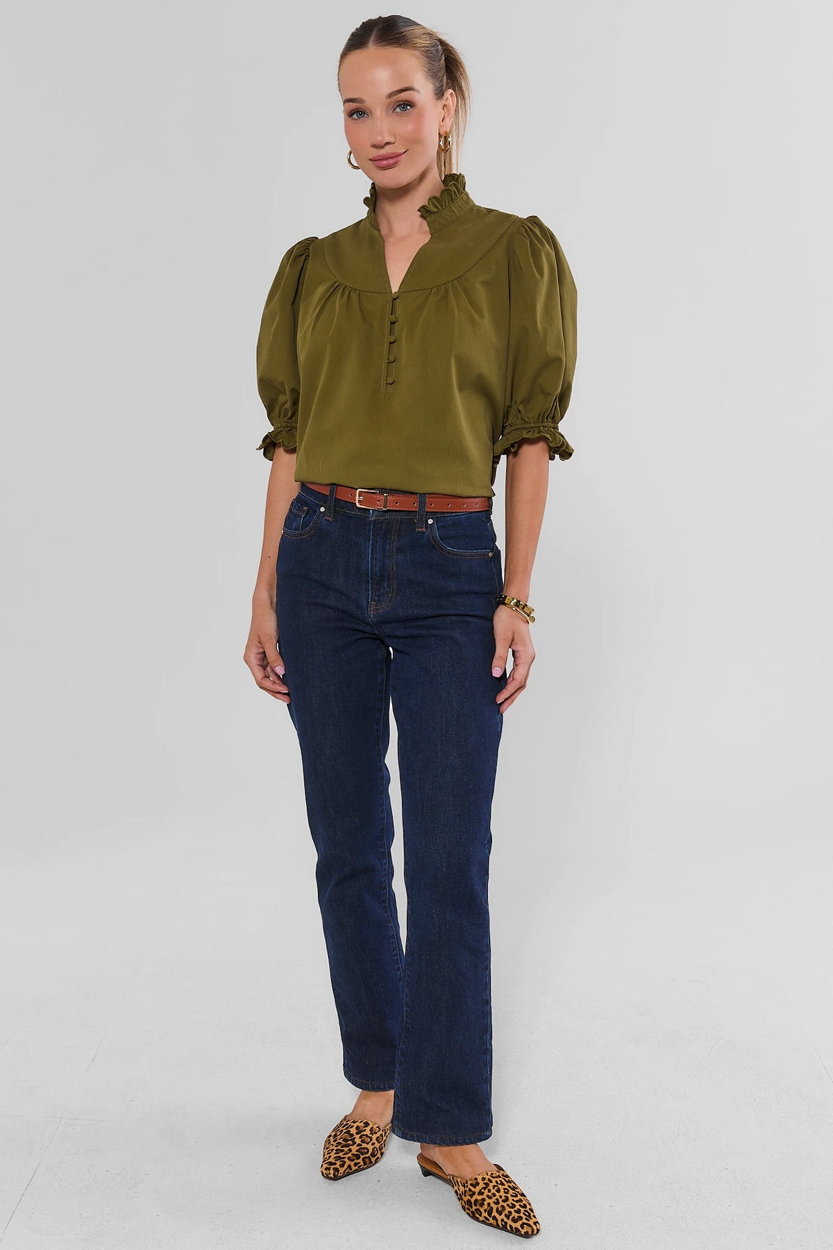 Olive Green Ruffle Trim Top - Full Length Styled Look with Dark Denim | Avara