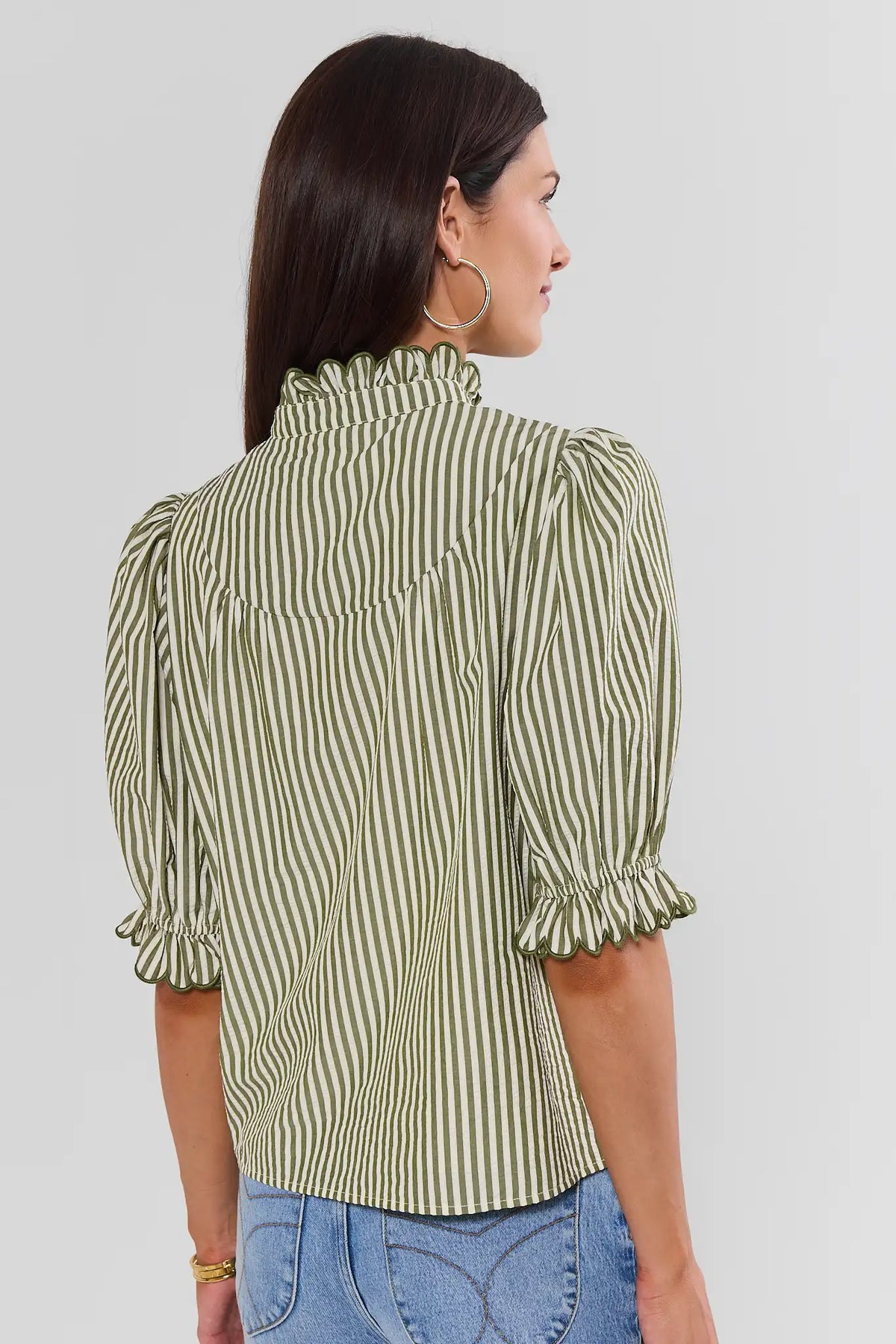 Green Striped Cotton Ruffle Top - Back View Showing Scallop Trim Detail | Avara