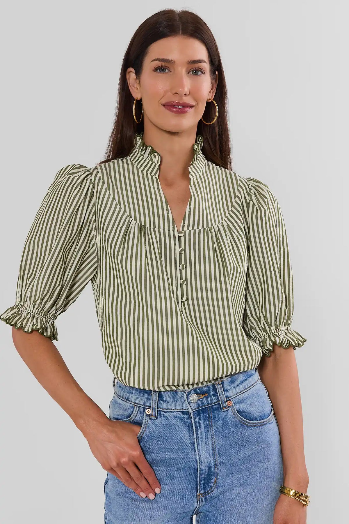 Green Striped Cotton Puff Sleeve Top - Front View On Model | Avara