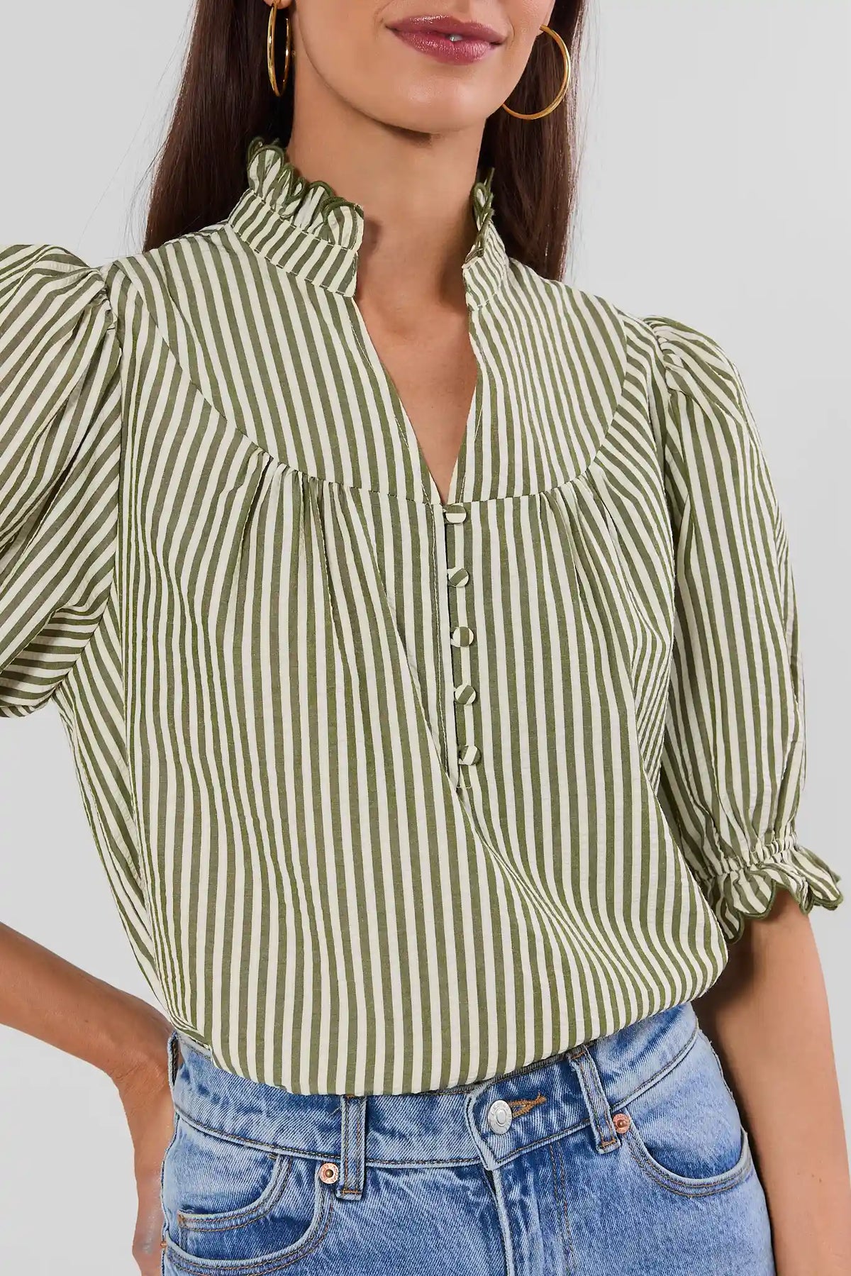 Green Striped Puff Sleeve Top - Ruffle Neckline Close-Up Detail | Avara