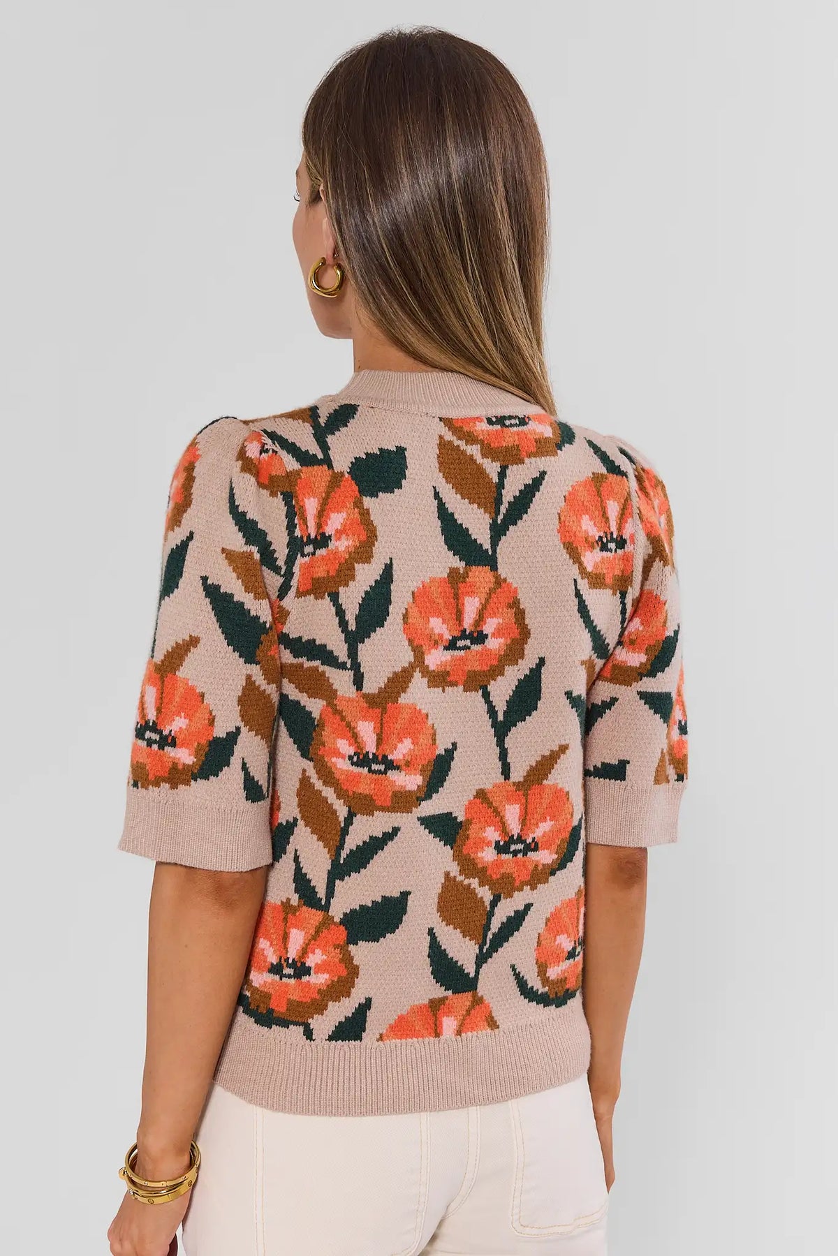 Beige Floral Printed Knit Top by THML - Back View, On Model, Short Sleeve | Avara