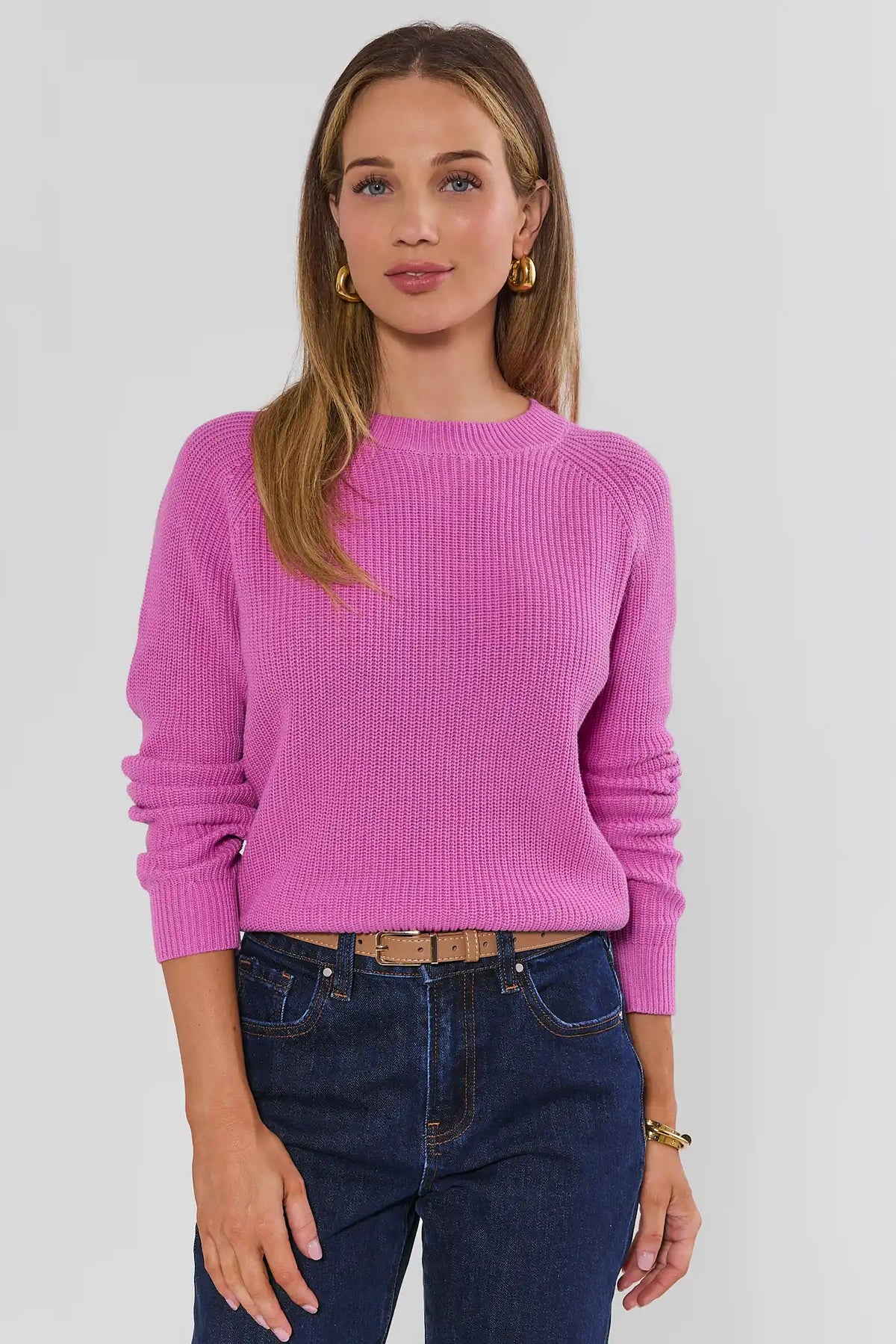 Pink Rib Knit Sweater - Front View On Model with Dark Denim | Avara