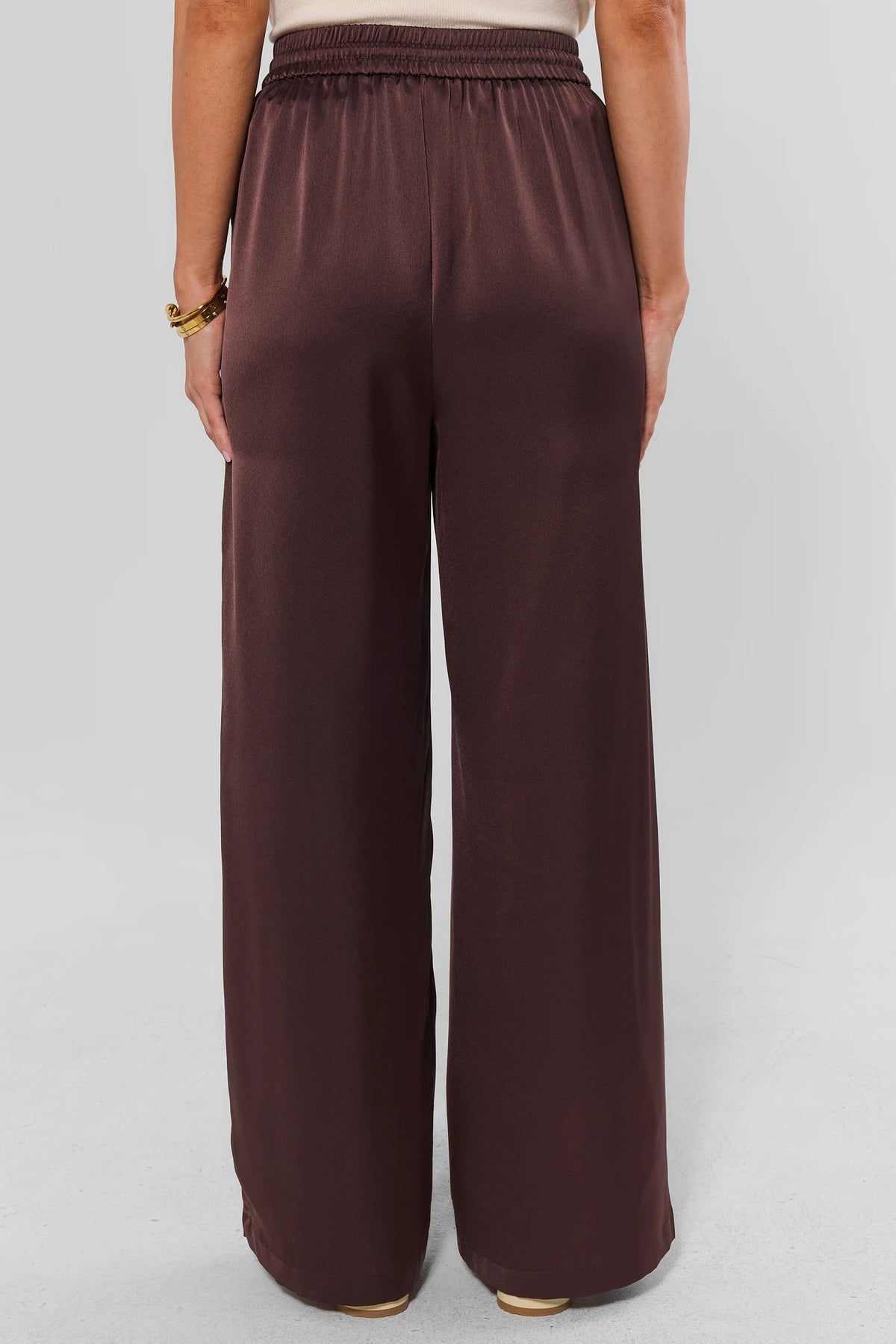 Brown Wide Leg Drawstring Pants Elastic Smocked Waist - Back View | Avara