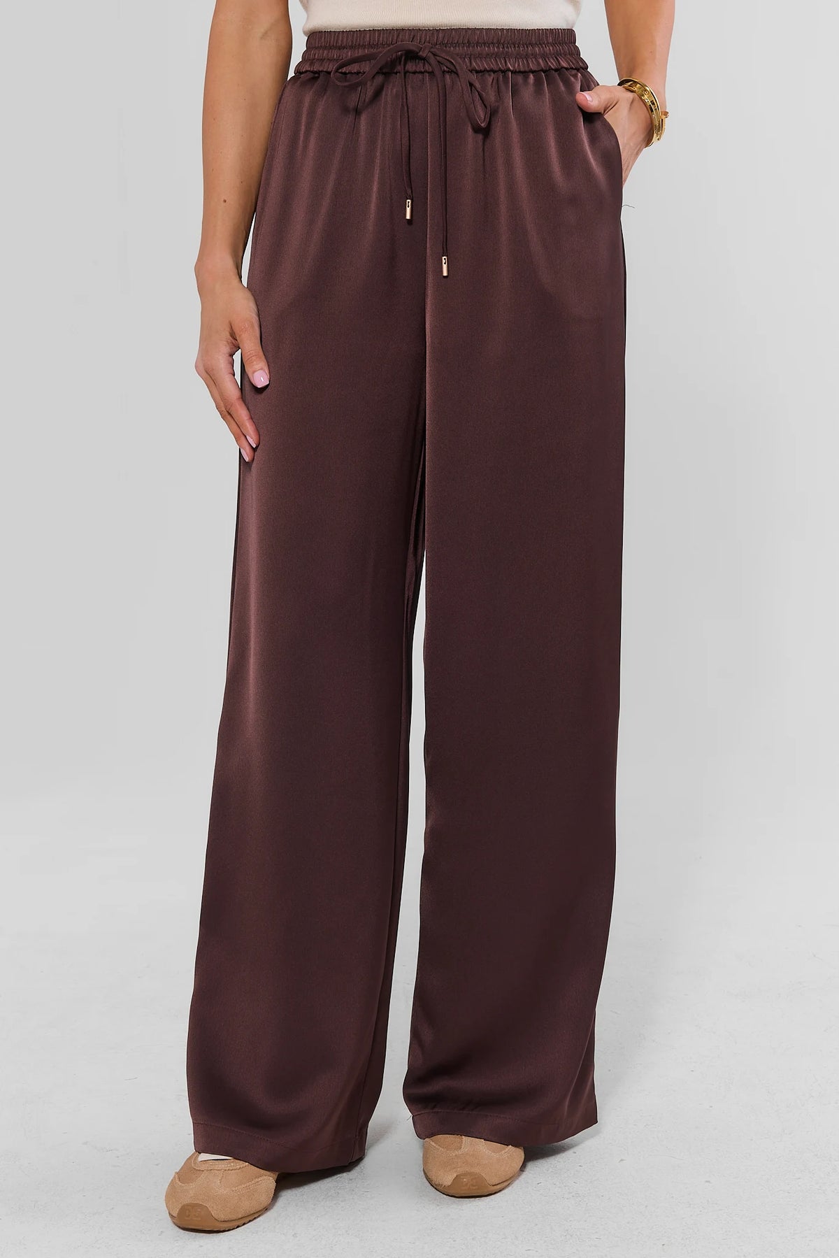 Brown Satin Wide Leg Drawstring Pants - Front View On Model | Avara