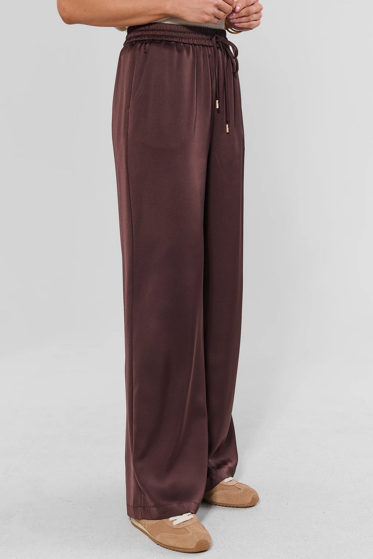 Brown Satin Wide Leg Drawstring Pants - Side Profile On Model | Avara