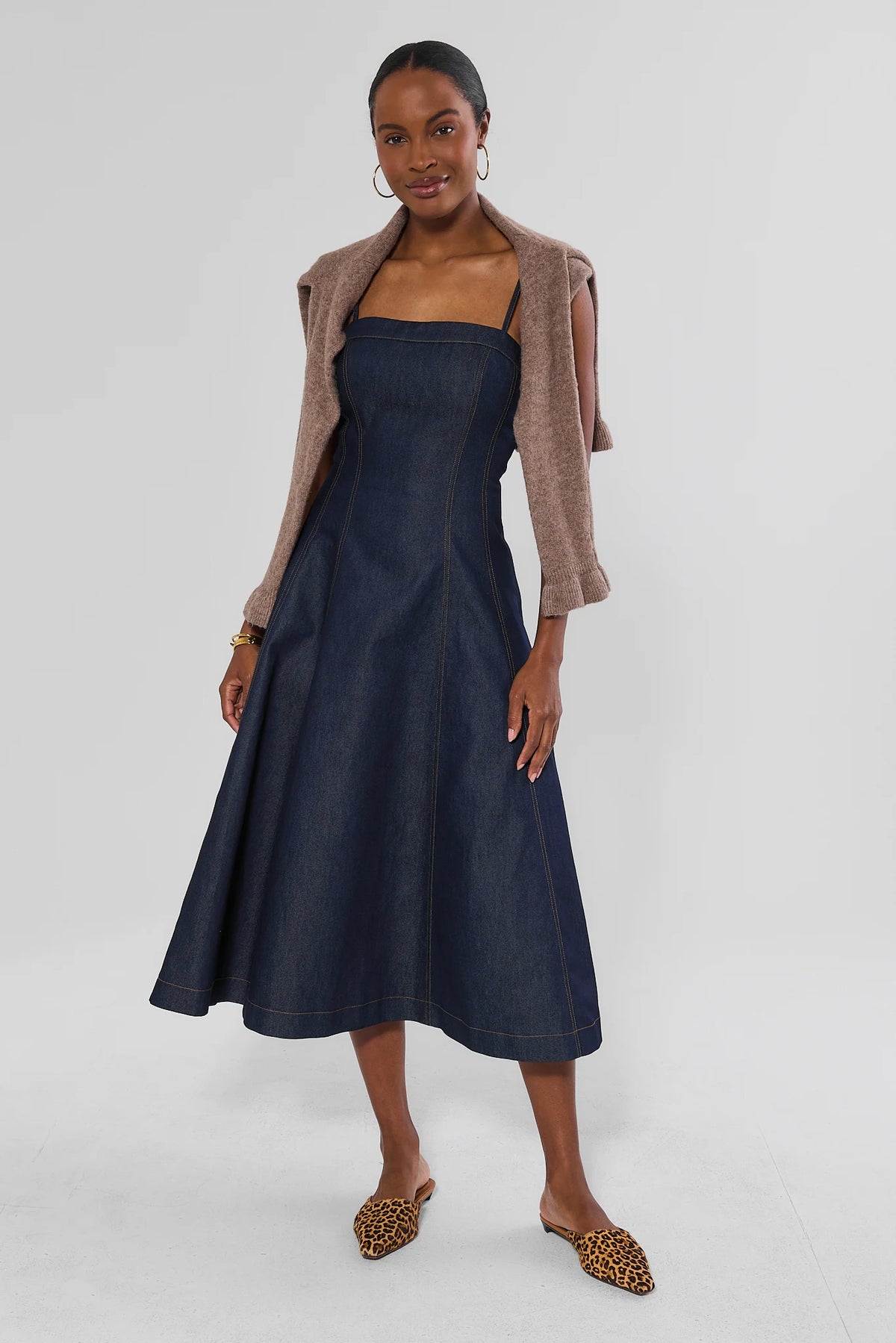 Dark Denim Midi Dress Styled with Tan Cardigan - Full Length Front View, Women's Denim Dress | Avara