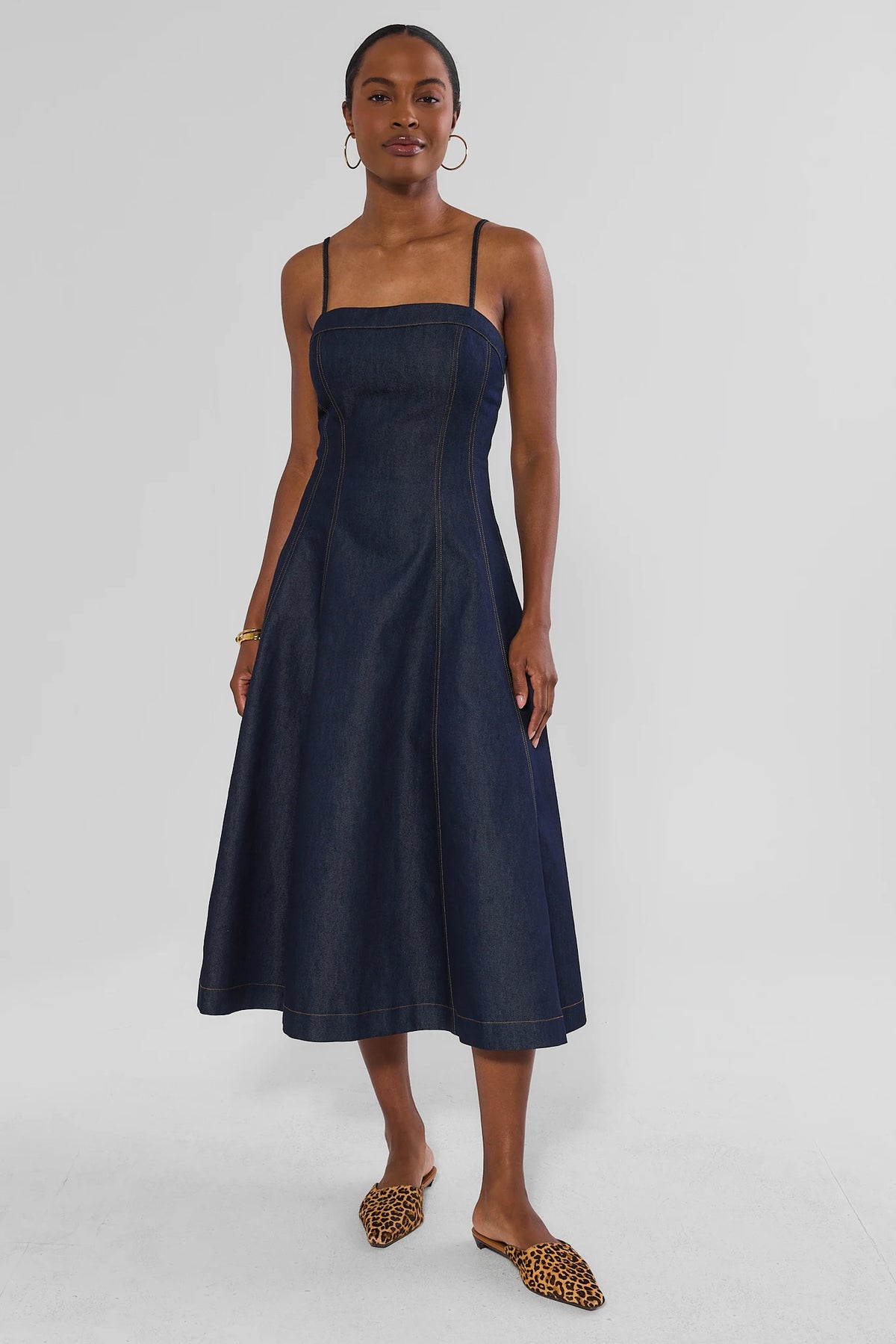 Dark Denim Midi Dress - Front View, Square Neckline & A-Line Skirt, Cute Midi Dress for Women | Avara
