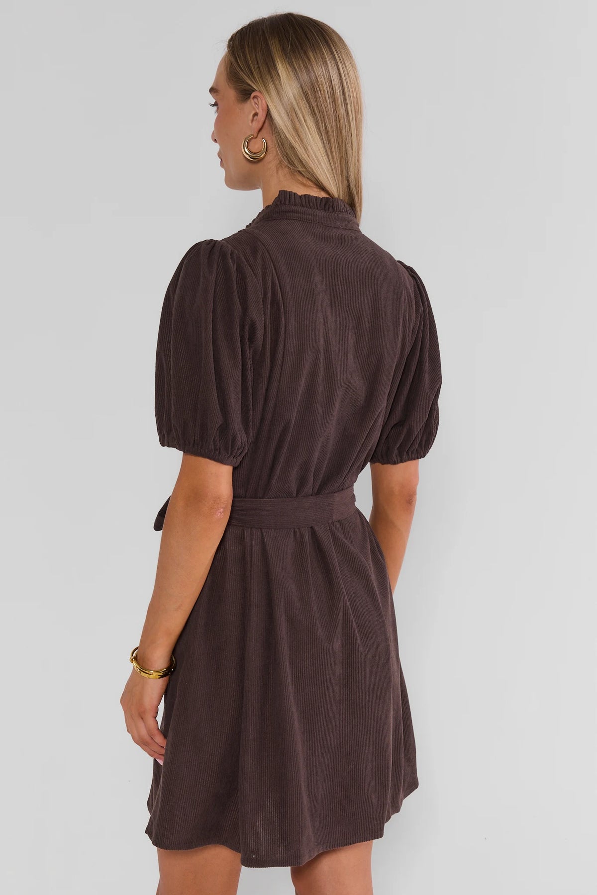 Brown Corduroy Button-Up Short Dress - Back View Showing Puff Sleeves & Ruffled Collar | Avara