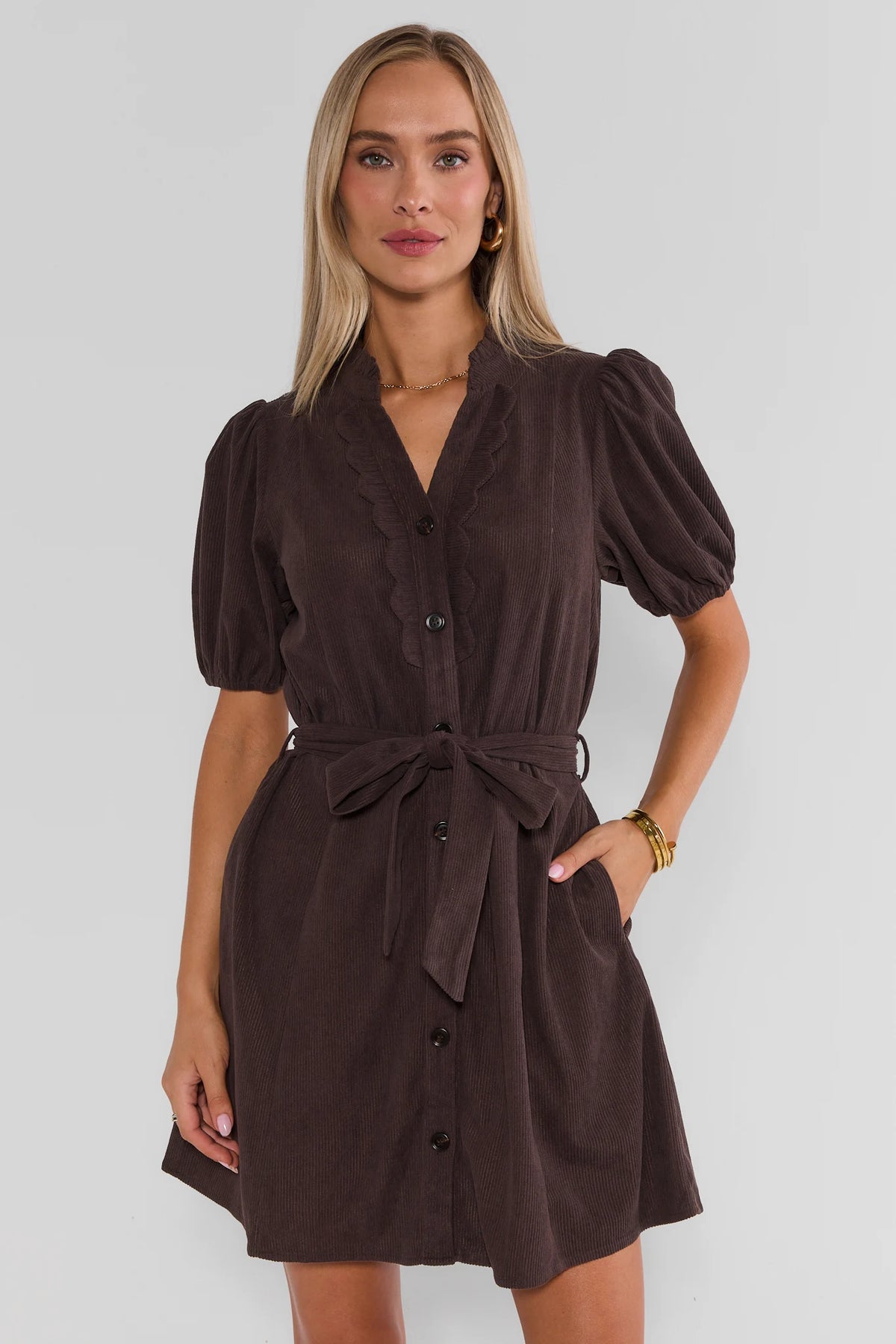 Brown Corduroy Button-Up Short Dress - Front View with Puff Sleeves & Self-Tie Waist | Avara
