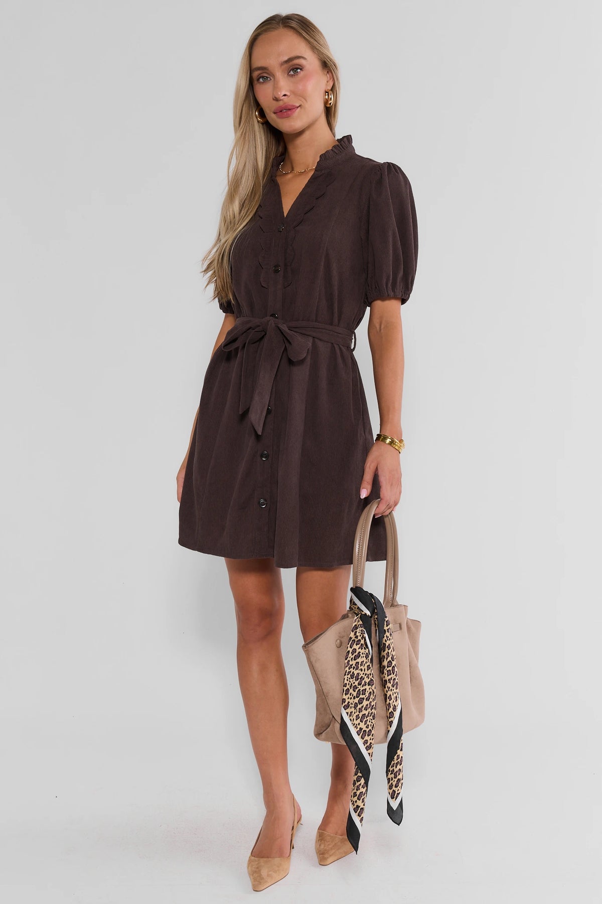Brown Corduroy Button-Up Short Dress - Full Length Side View with Bag, Fall Dress for Women | Avara