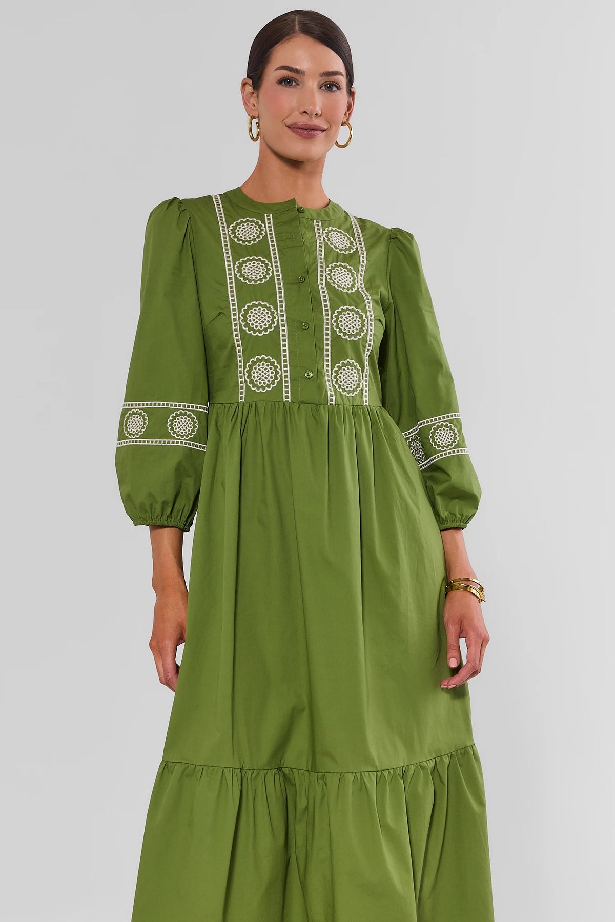 Green Embroidered Midi Dress - Front View, On Model | Avara