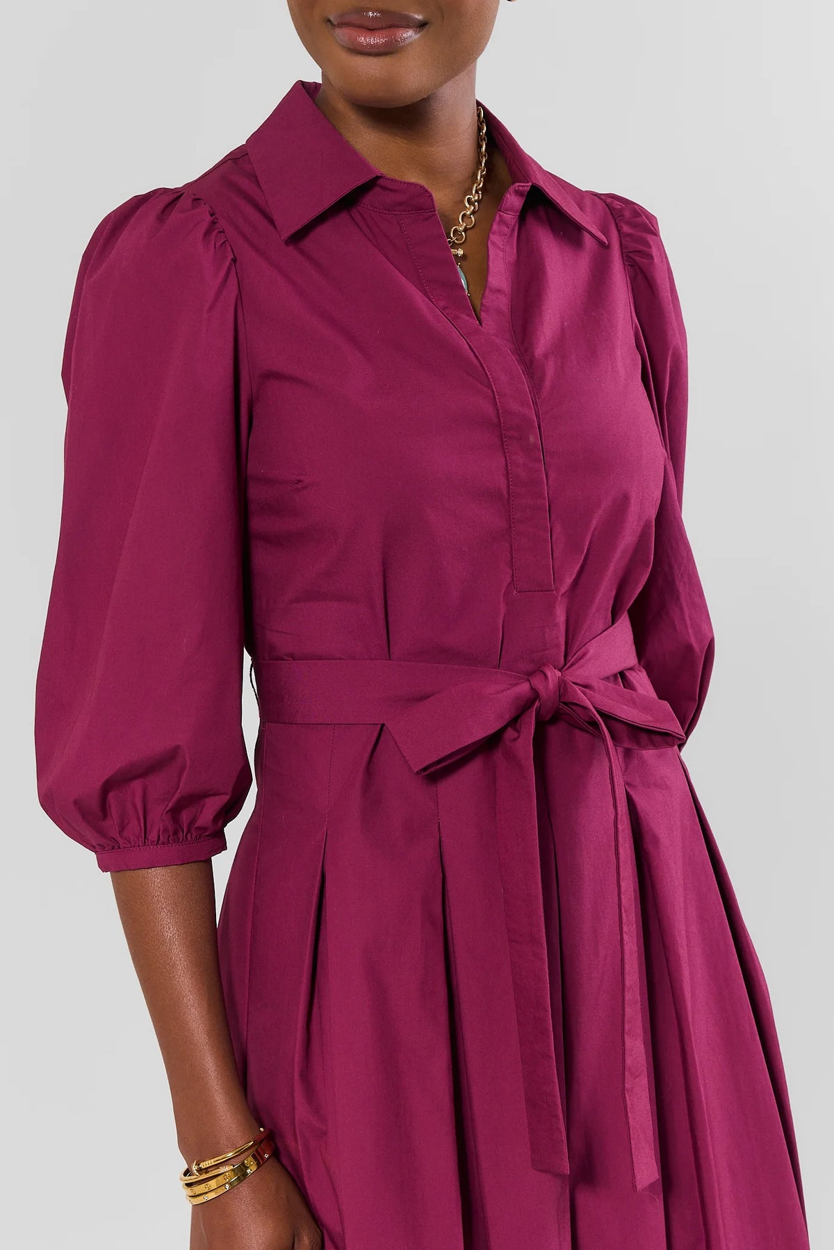 Plum Cotton Midi Dress - Puff Sleeve & Tie Waist Close-Up Detail | Avara