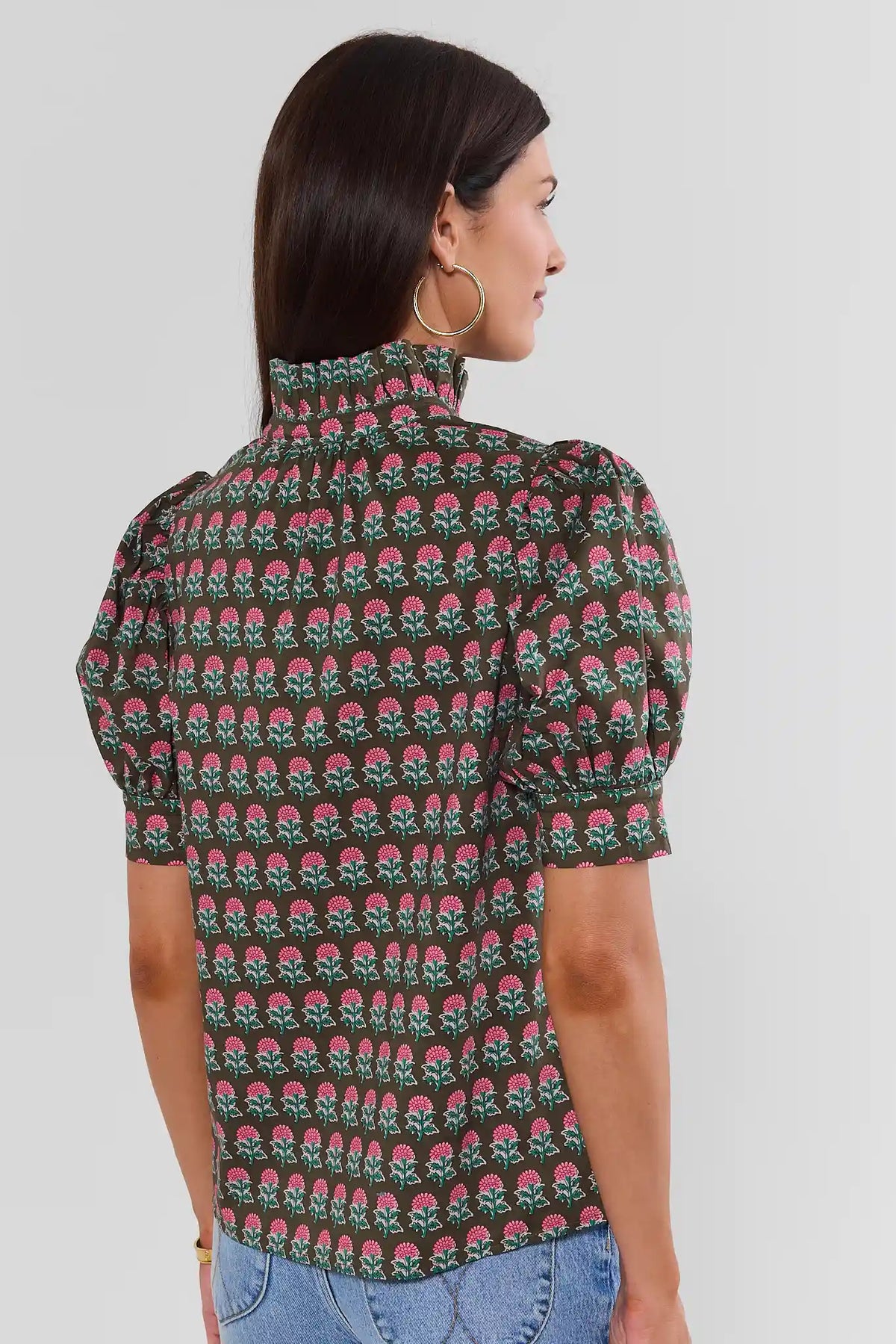 Olive Printed Split Neck Top - Back View Showing Puff Sleeve & Modest Coverage | Avara