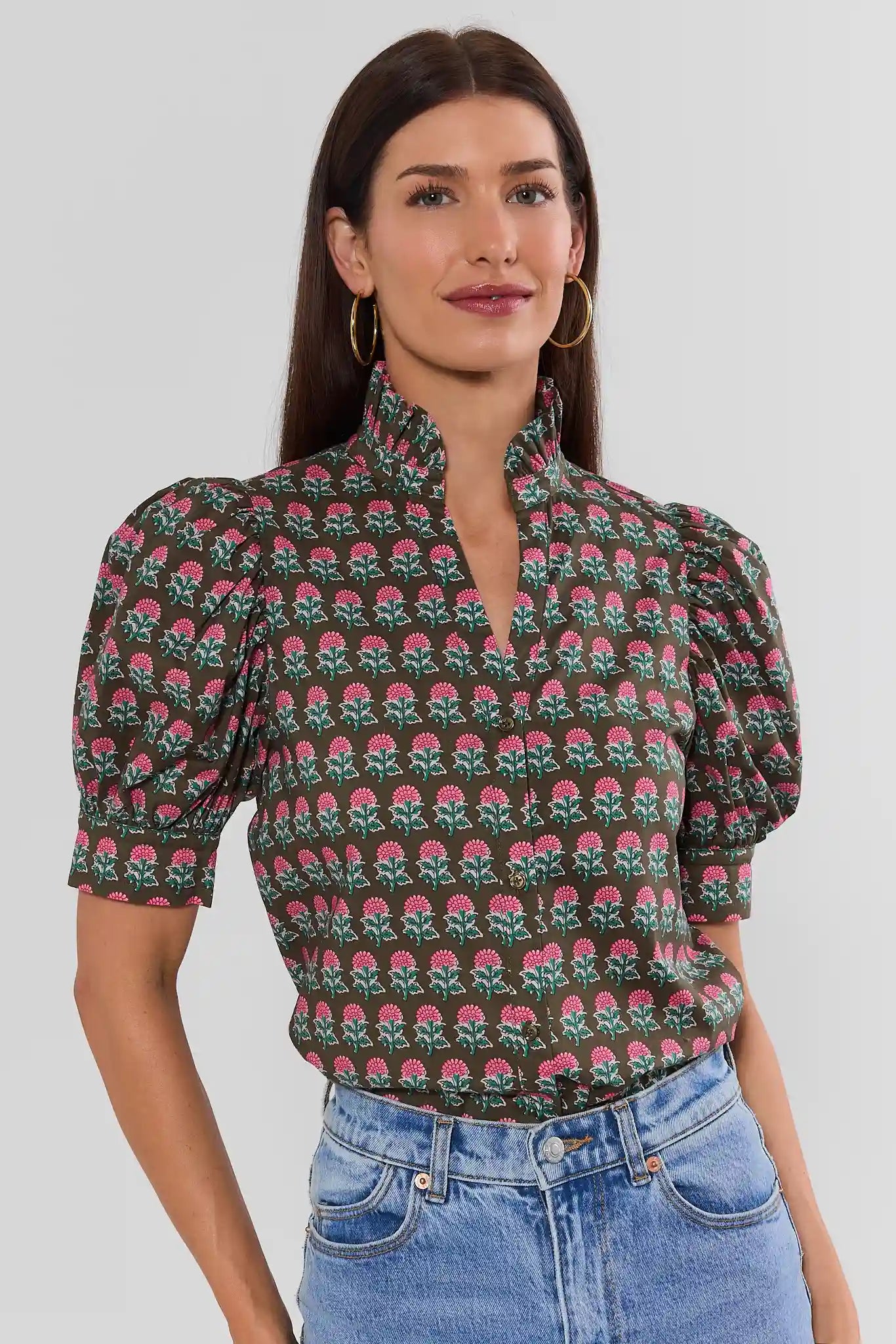 Olive Printed Split Neck Top with Puff Sleeves - Front View On Model | Avara