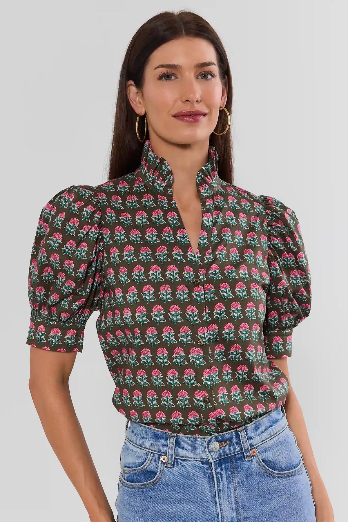 Olive Printed Split Neck Top with Puff Sleeves - Front View On Model | Avara