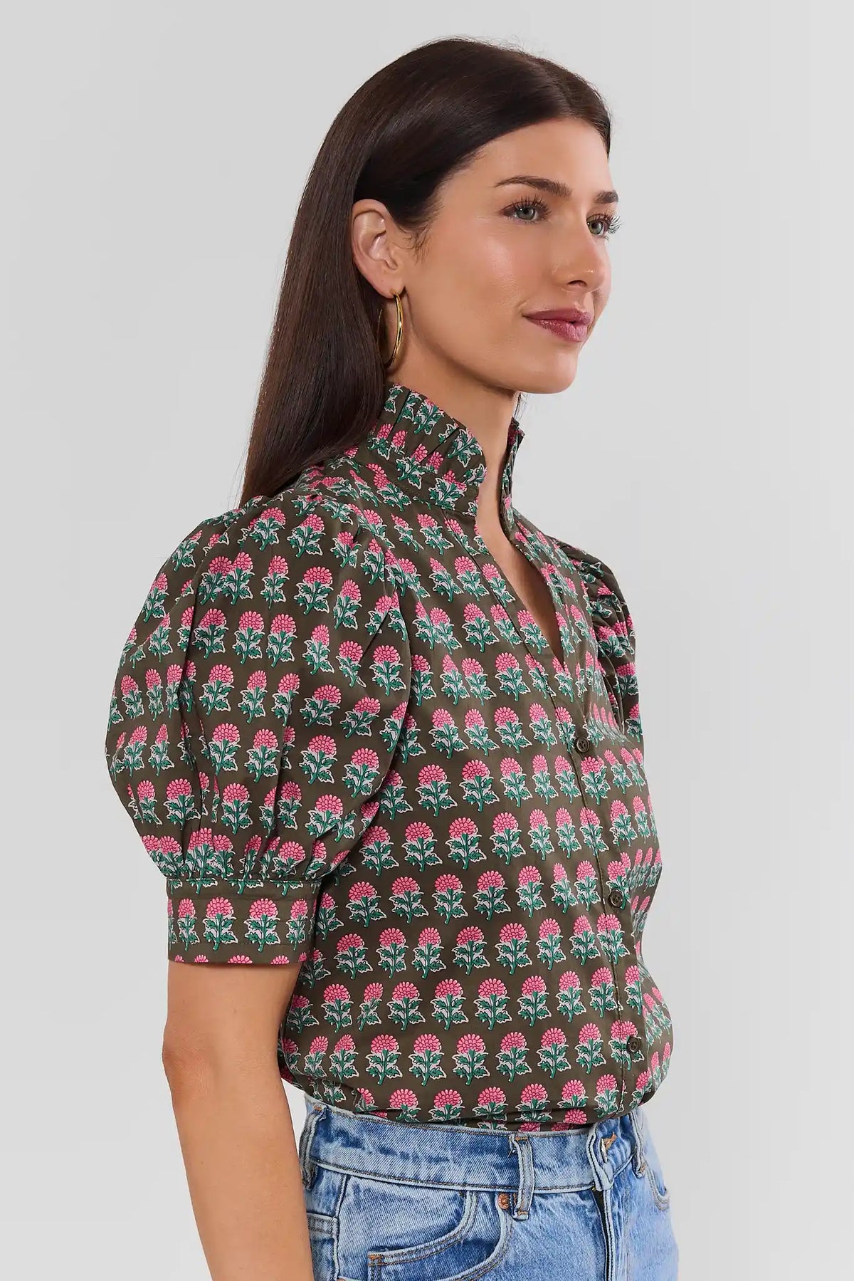 Olive Floral Print Puff Sleeve Top - Three-Quarter Side View On Model | Avara