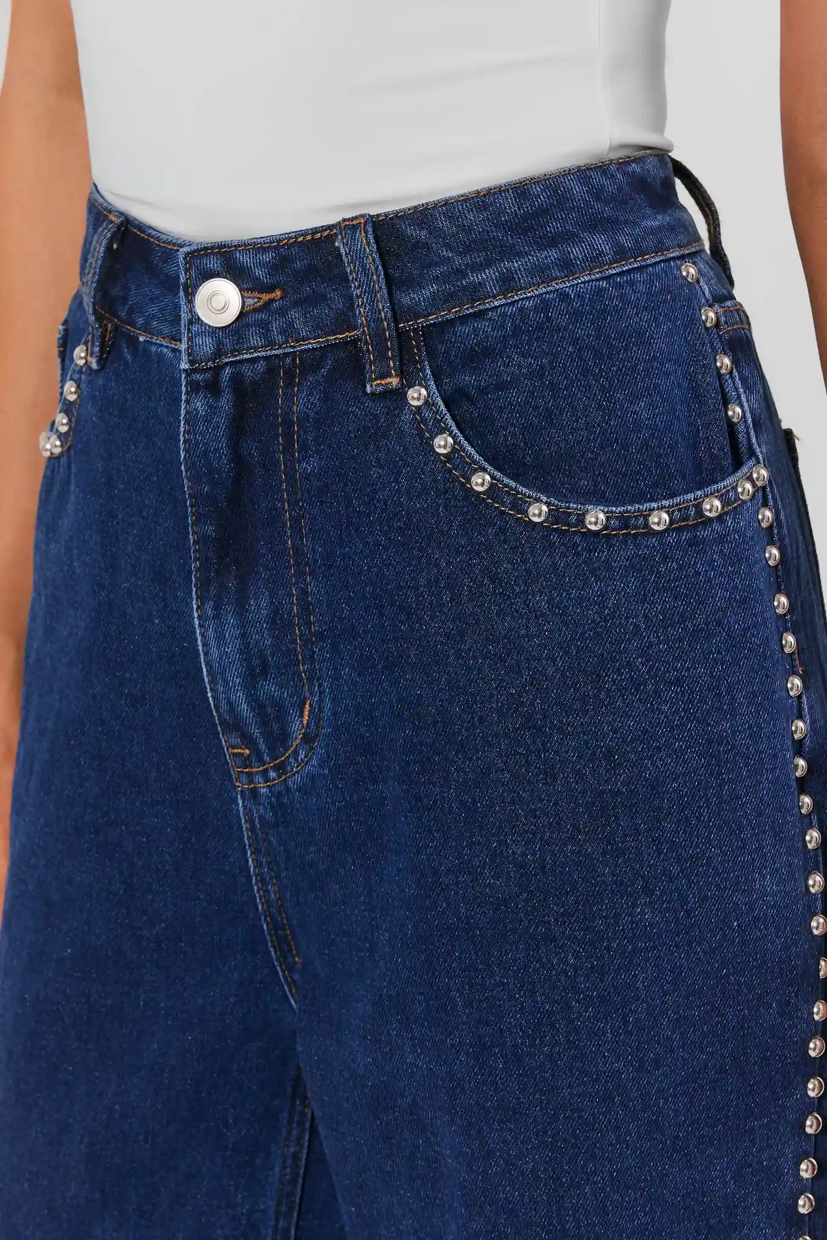 Dark Wash Denim Silver Stud Pocket & Waistband Close-Up Detail - Adrian Studded Jeans | Avara
