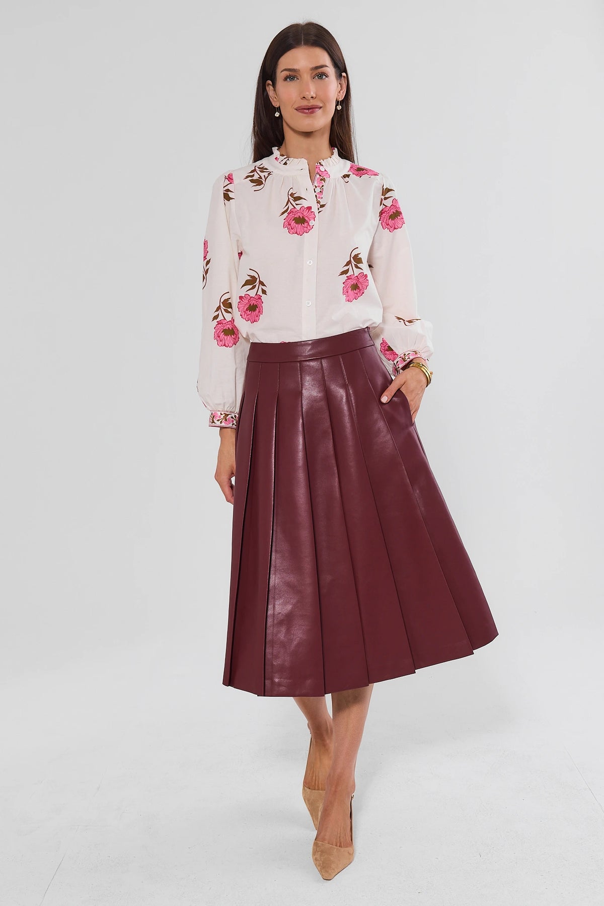 Maroon Pleated Midi Skirt Styled with Floral Blouse - Full Length Look On Model | Avara