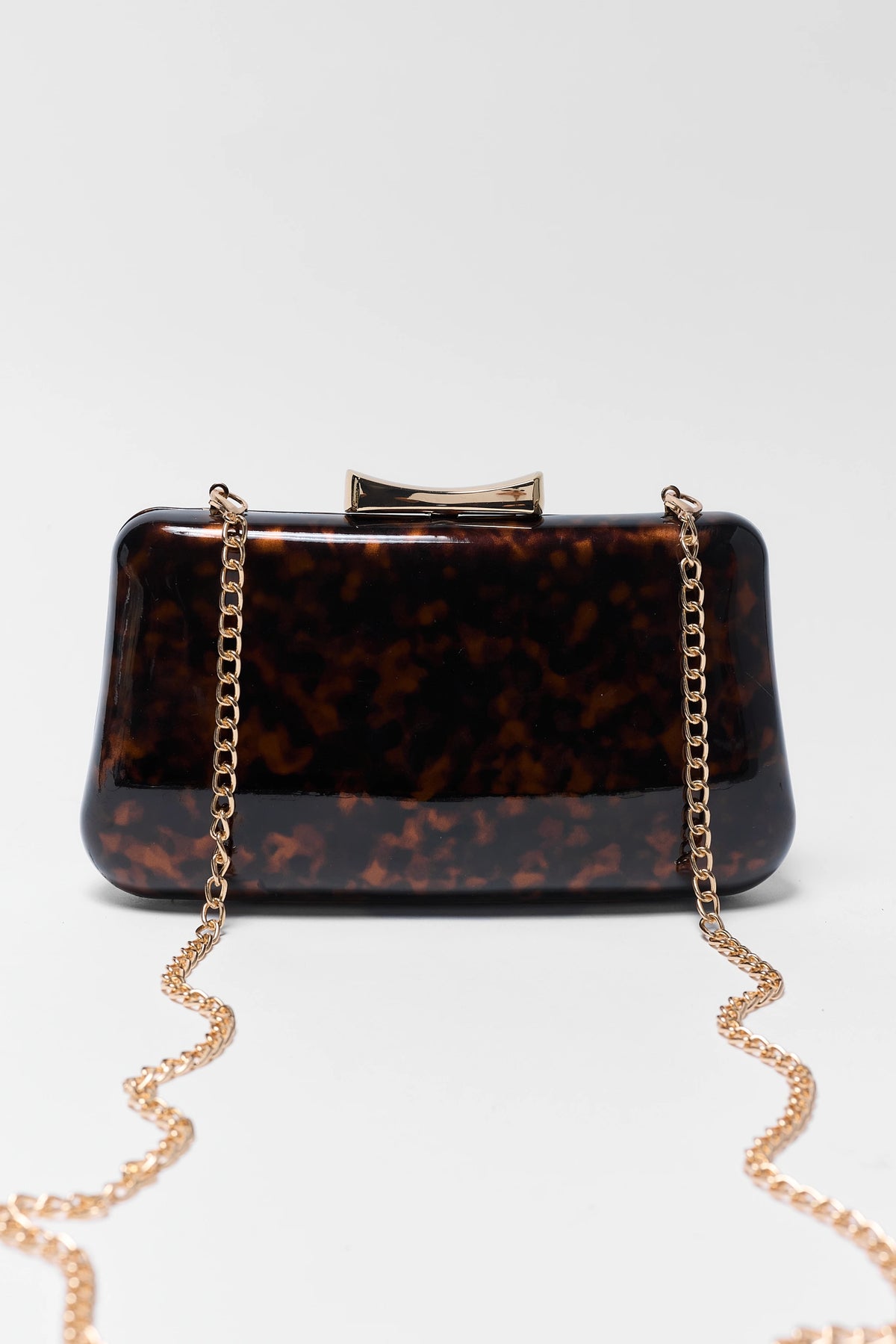 Brown Tortoise Enamel Clutch - Front View with Gold Chain and Clasp | Avara