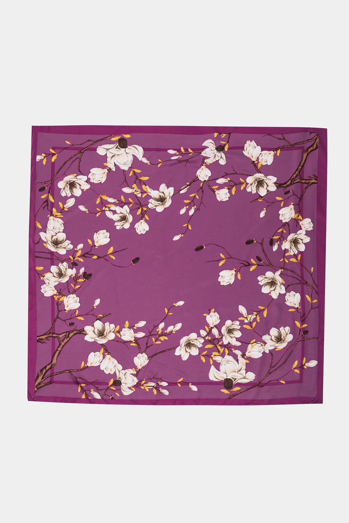 Purple Floral Printed Square Scarf with Magnolia Print - Flat Lay | Avara