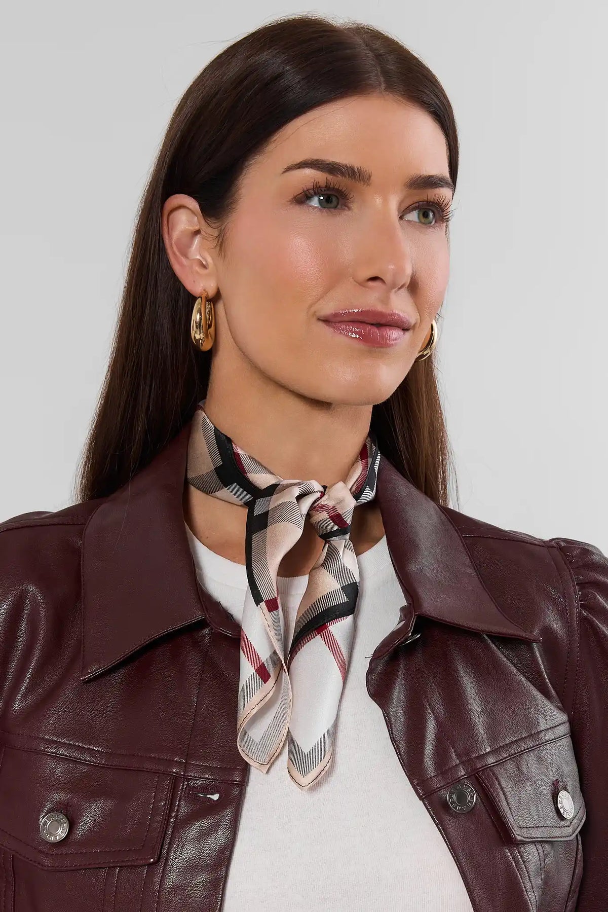 Tan Plaid Printed Scarf Tied at Neck On Model with Leather Jacket - Styled Look | Avara